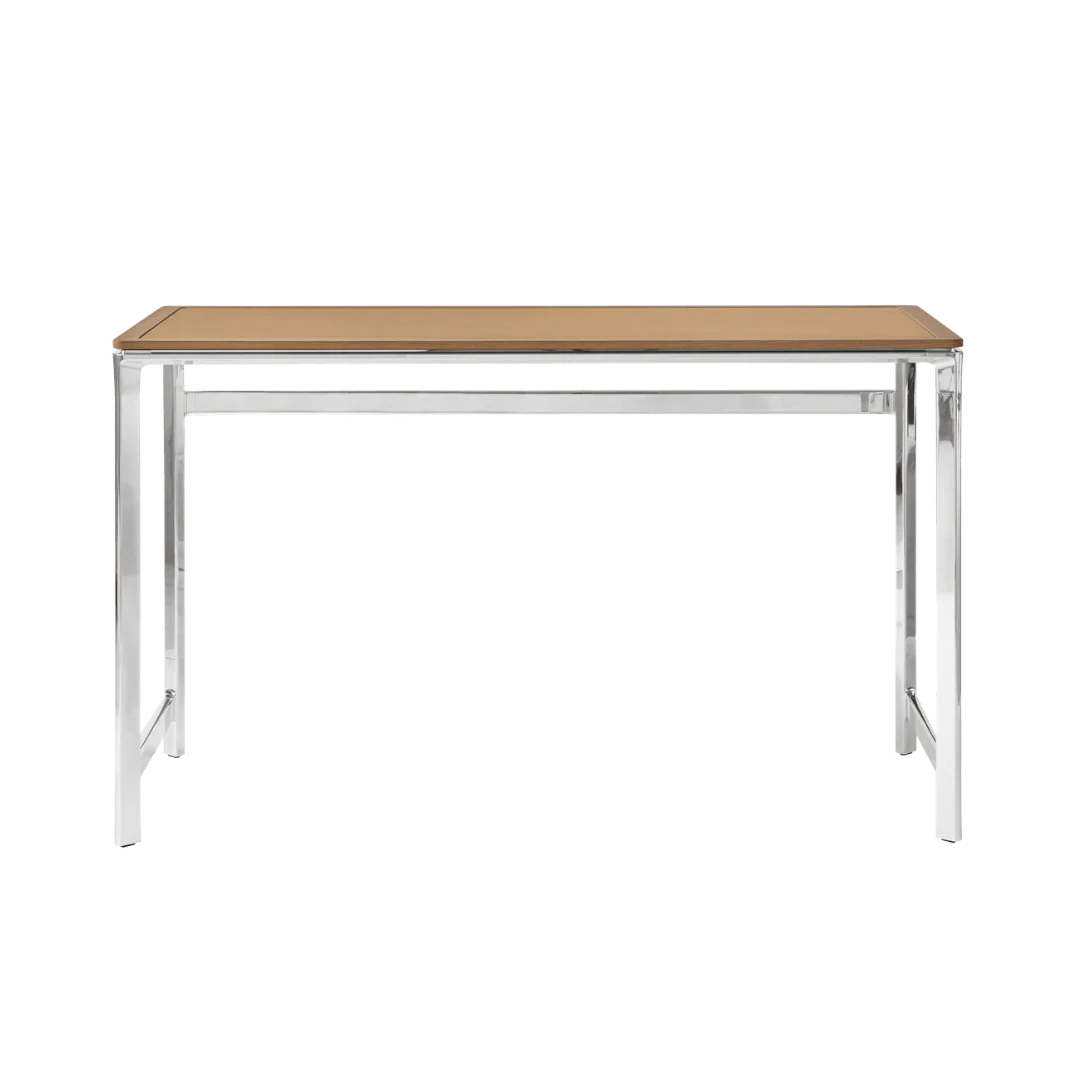 Biurko STUDIO kamelowy skórzany blat z dębową ramą i aluminiową podstawą