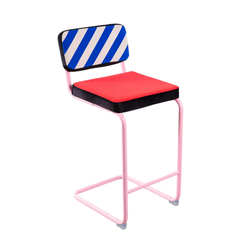 Krzesło barowe SUPERSTOOL BLUE STRIPES czerwony z różową podstawą
