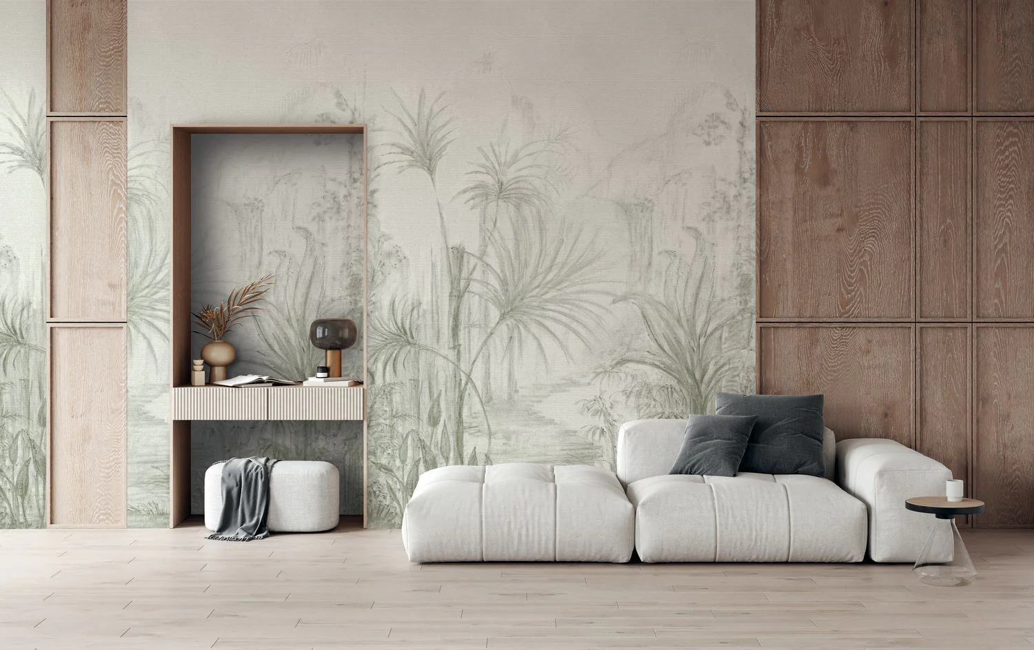 Mural imitujący len z roślinnym krajobrazem gaju palmowego ARILLE brązowy - Image 3