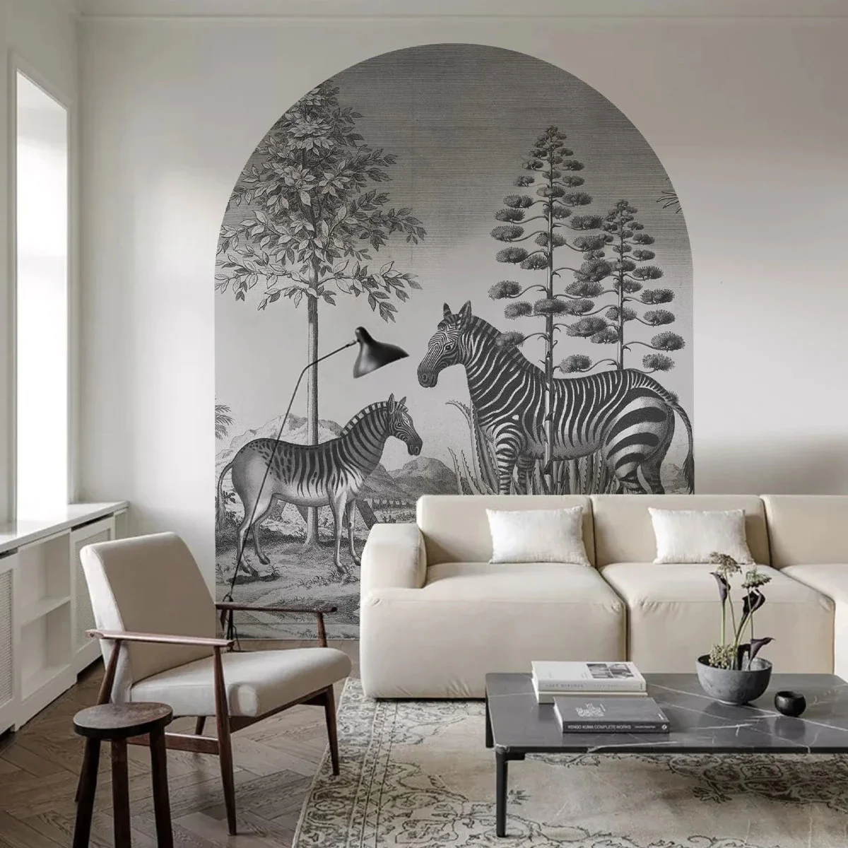 Mural flizelinowy w kształcie łuku ZEBRA ON AGAVE szary