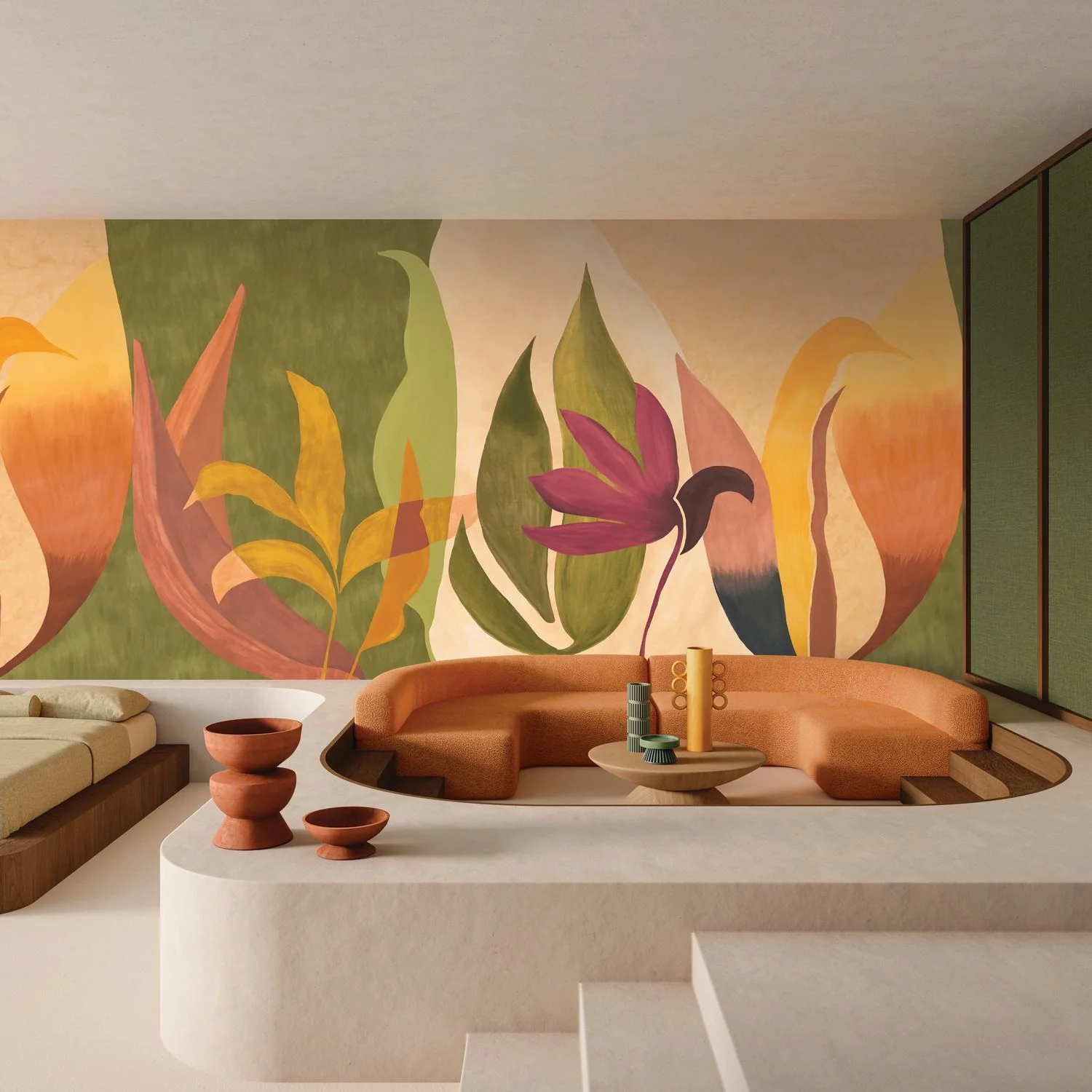 Mural z abstrakcyjnym motywem roślinnym liści NAHUA rudy brąz z zielonym - Image 3
