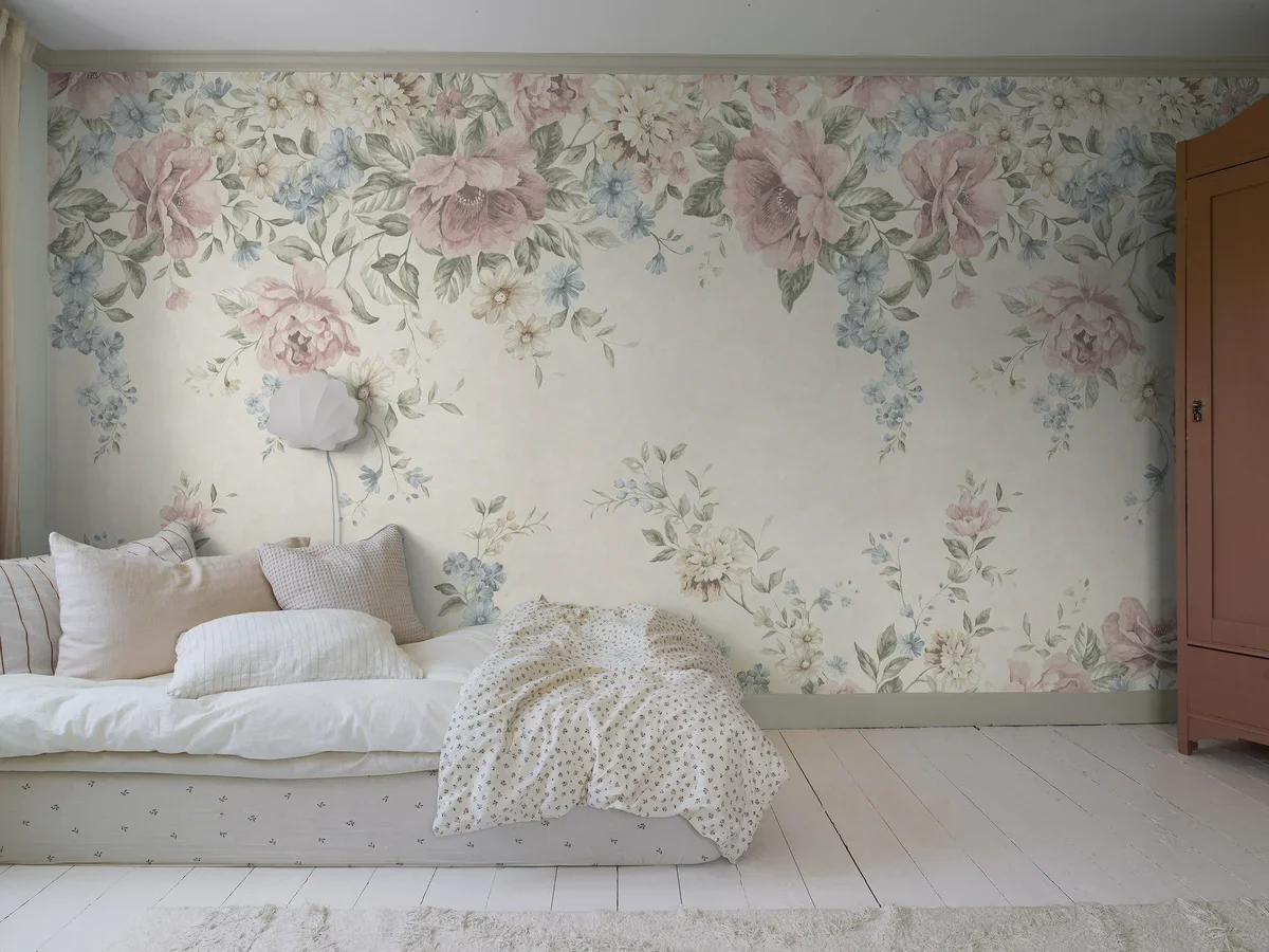 Mural z motywem roślinnym kwiatów FLOWER GARDEN kremowy z różowym - Image 3