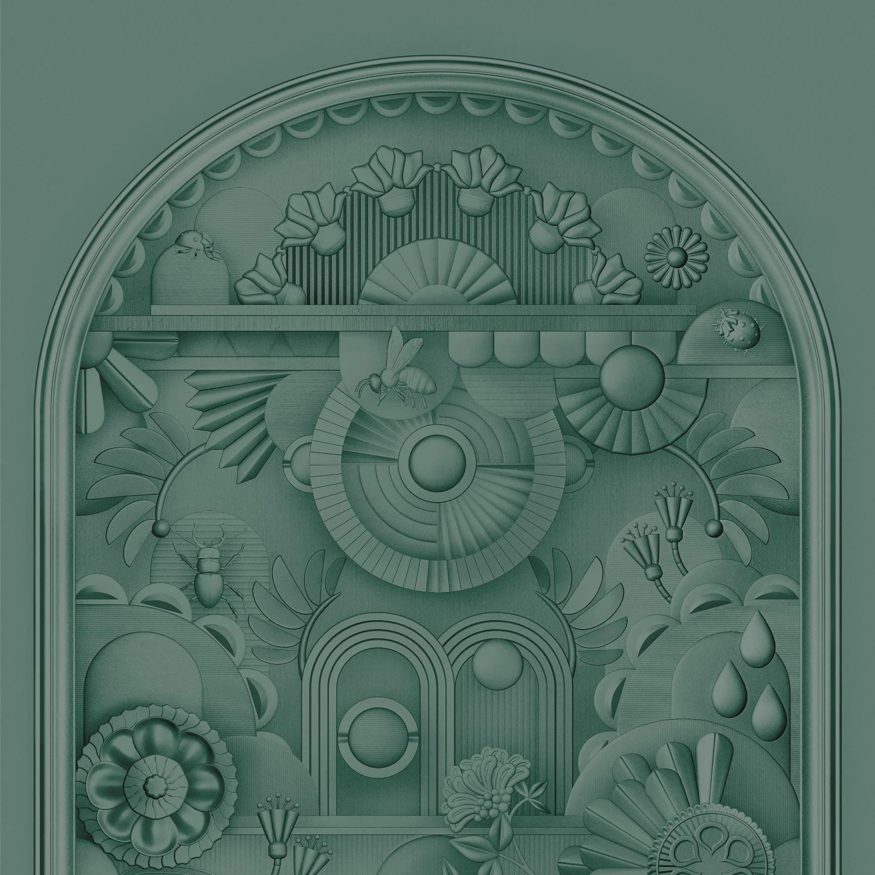 Mural tekstylny w stylu art deco w kształcie łuku GREENHOUSE GATHERING ARCH ciemny zielony