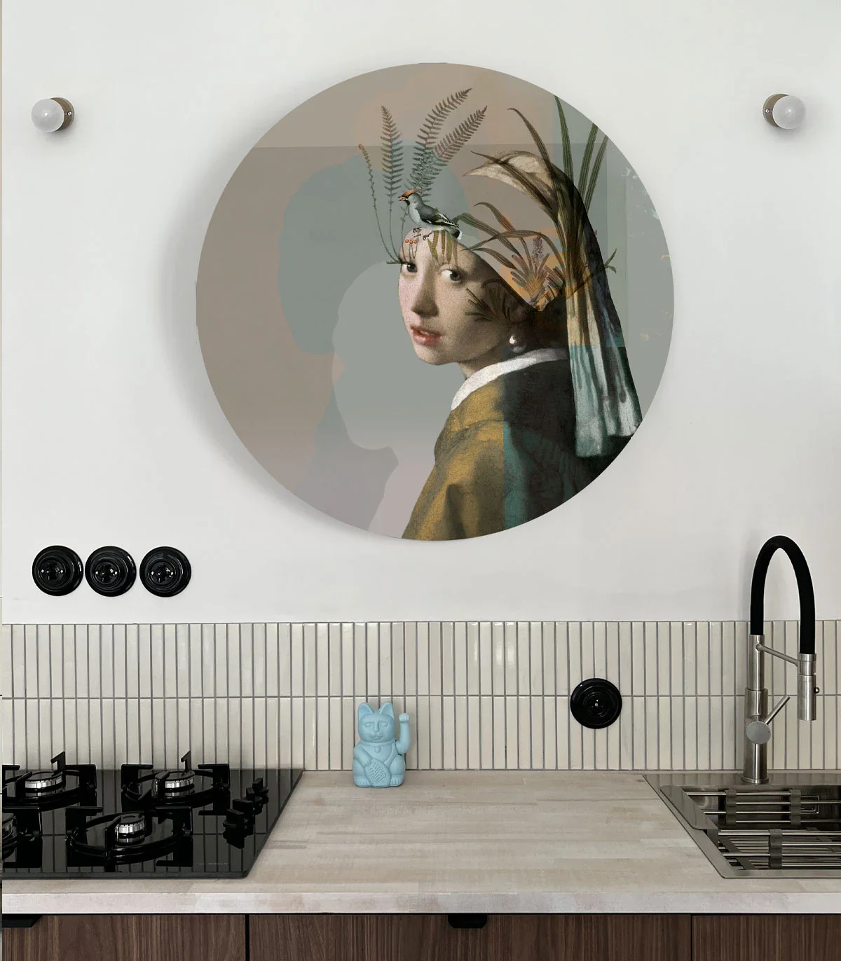 Mural w kształcie koła DOTS - NATURE GIRL WITH THE PEARL beżowy z zielonym - Image 2