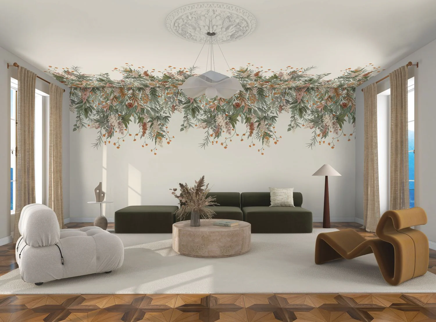 Mural z motywem roślinnym liści WISTERIA zielony i pudrowym różowym - Image 3