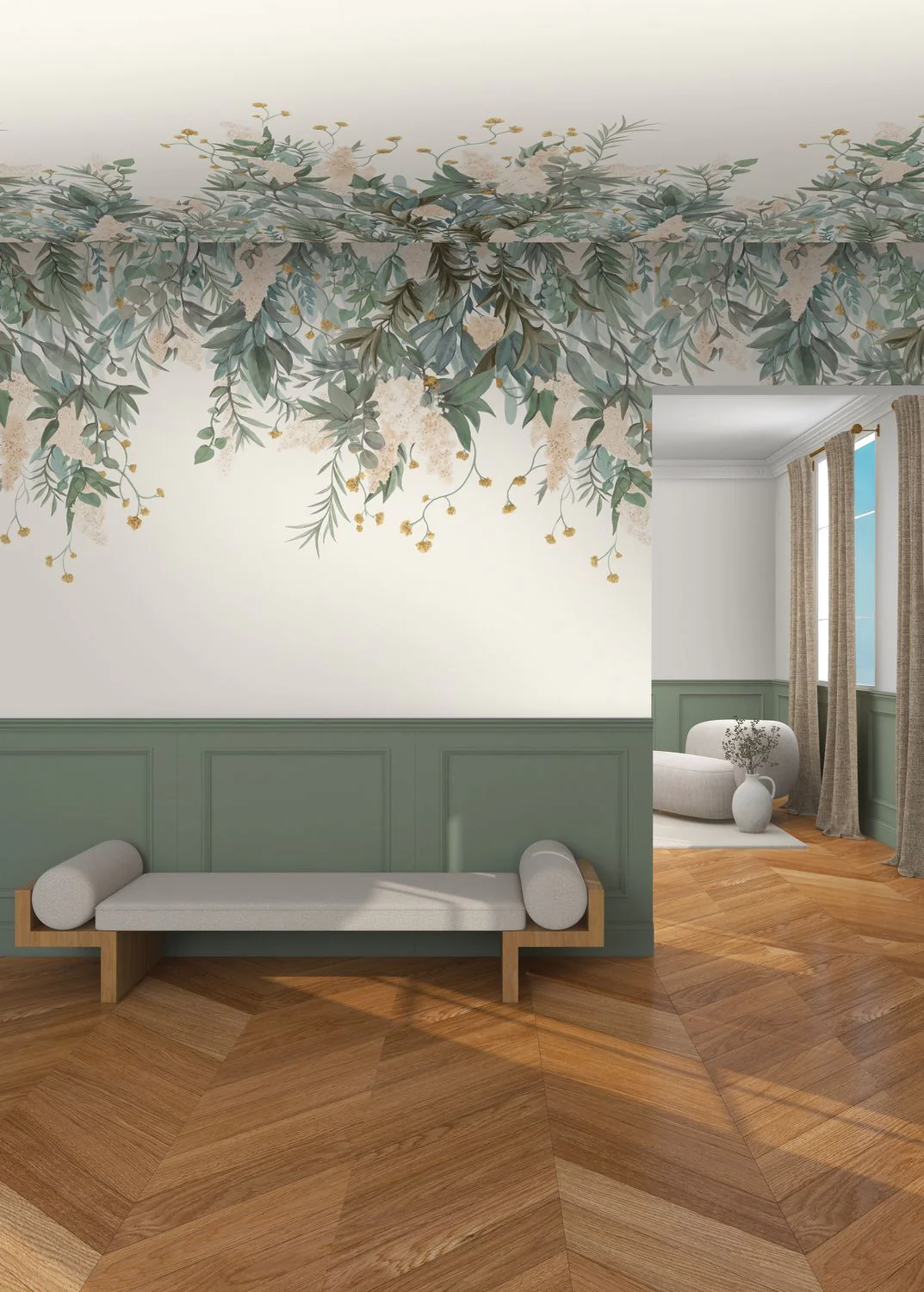Mural z motywem roślinnym liści WISTERIA zielony i pudrowym różowym - Image 6