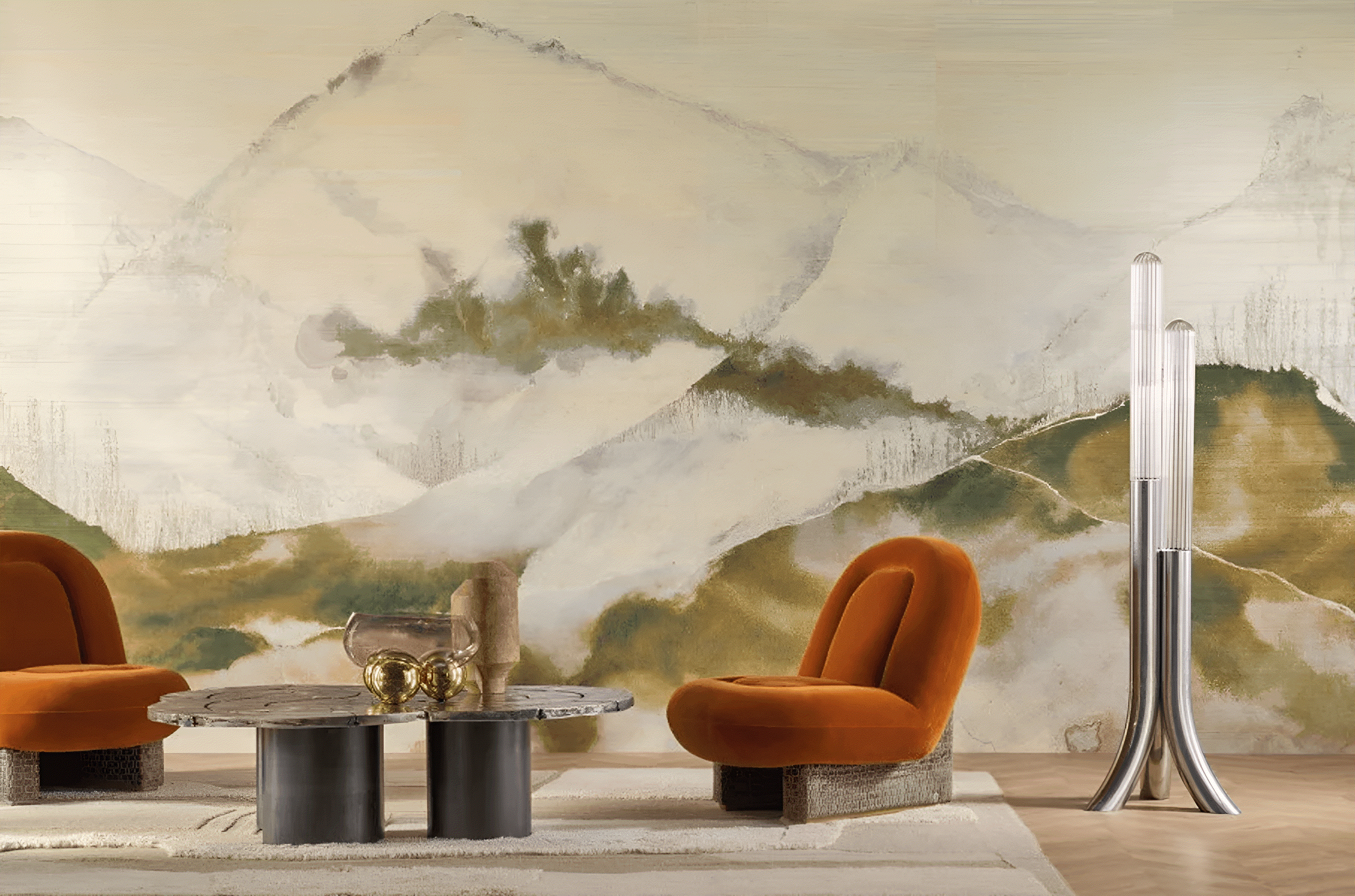 Mural z abaki z górskim motywem HORIZON - SABLE BEIGE DORÉ beżowy ze złotym - Image 2