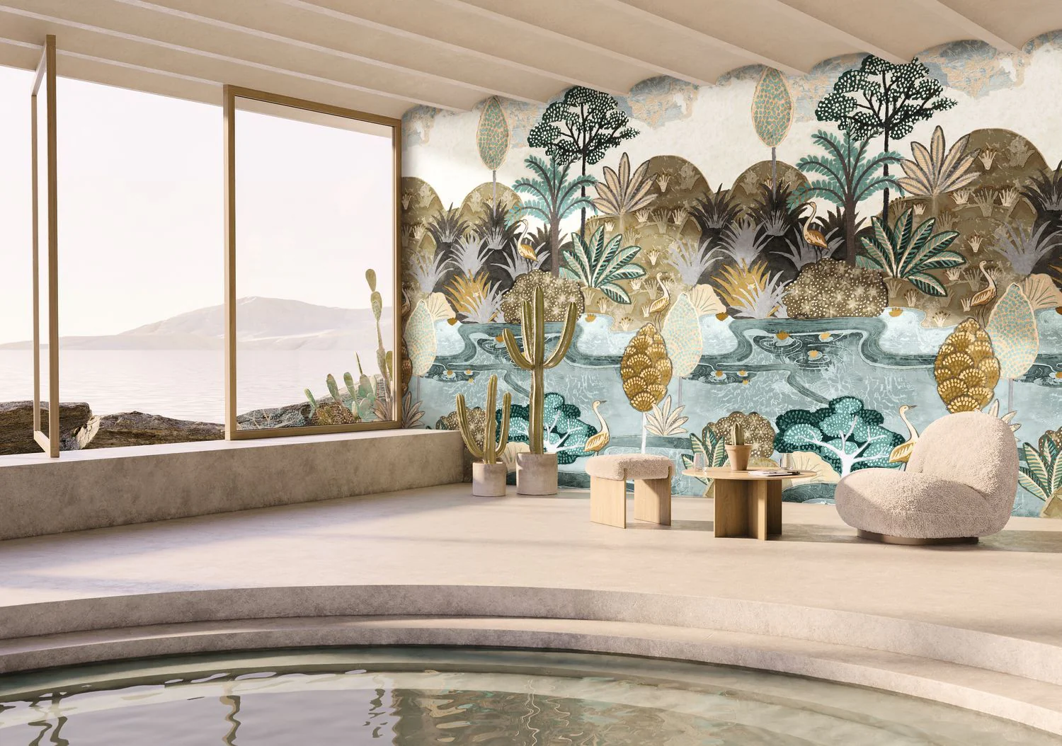 Mural z motywem roślinnym i zwierzęcym ptaków ARUBA - CELADON/MORDORÉ seledynowy z brązowym - Image 3