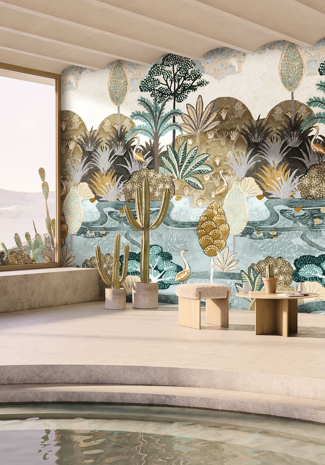 Mural z motywem roślinnym i zwierzęcym ptaków ARUBA - CELADON/MORDORÉ seledynowy z brązowym - Image 4