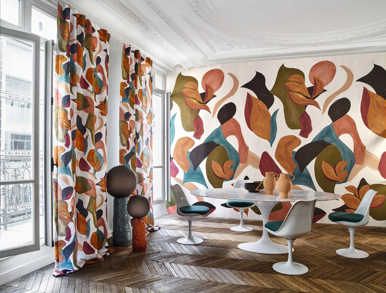 Mural abstrakcyjny z motywem roślinnym MAMBO - BLANC/MULTICO biały z pomarańczowym - Image 2
