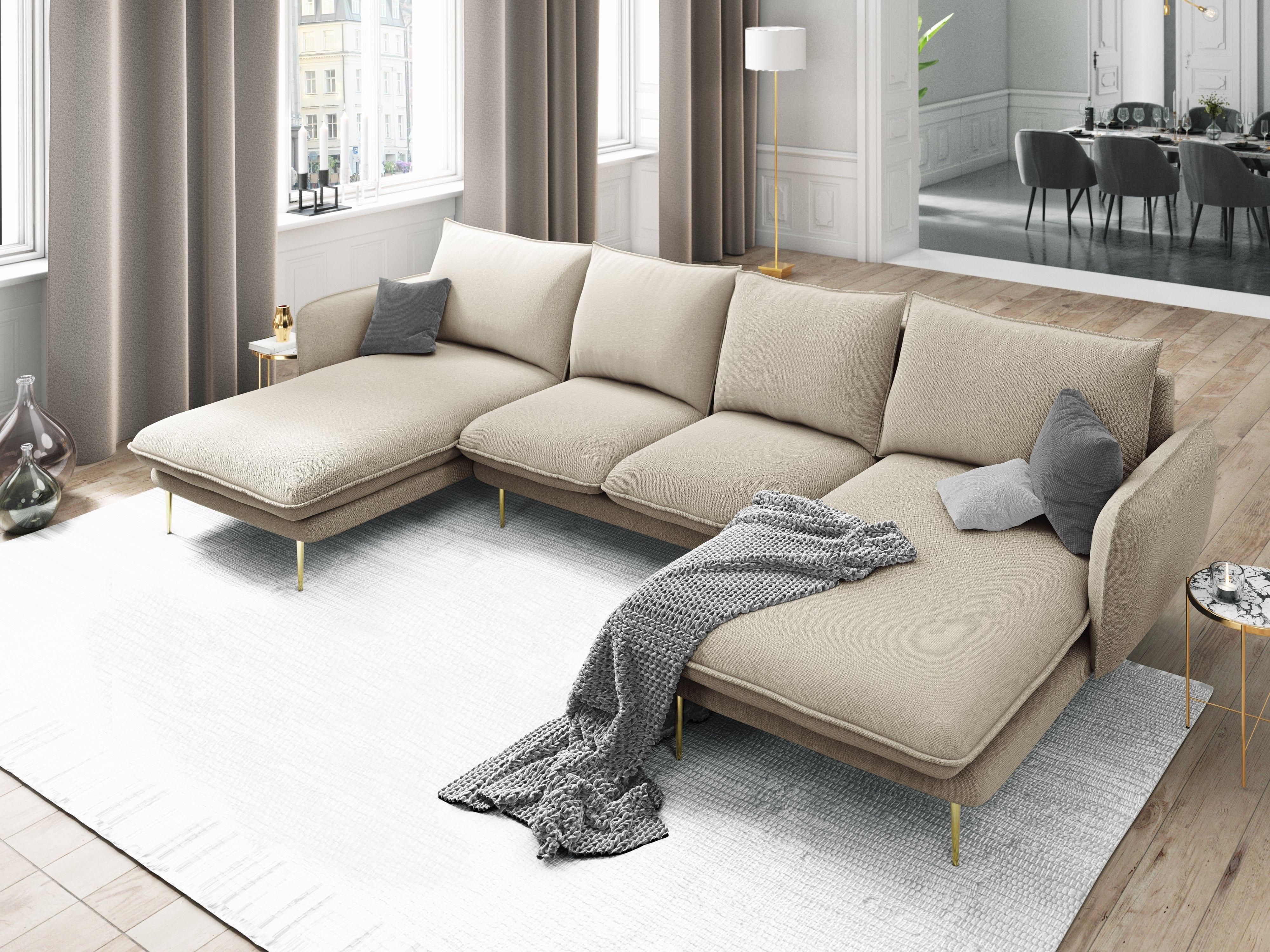 Sofa panoramiczna 6-osobowa VIENNA beżowy szenil ze złotą podstawą - Image 2
