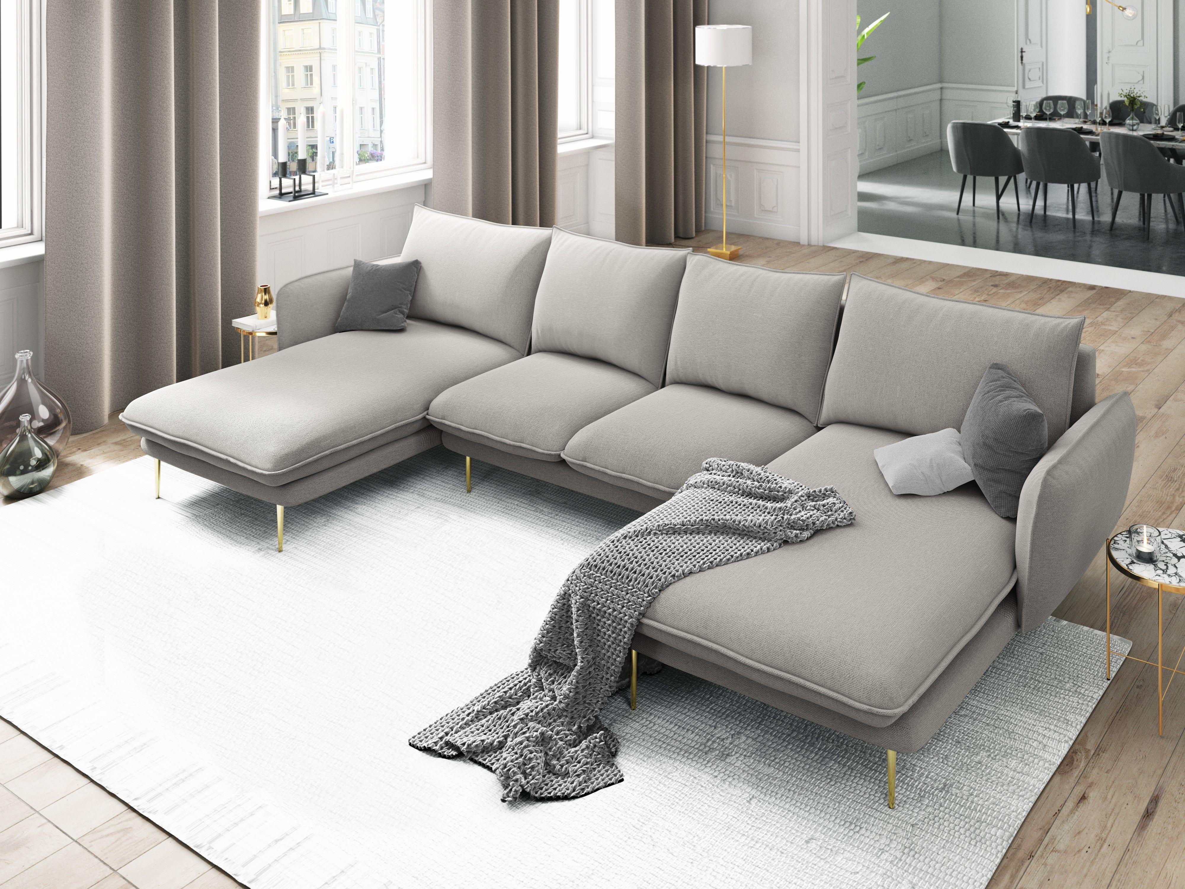 Sofa panoramiczna 6-osobowa VIENNA jasnoszary szenil ze złotą podstawą - Image 2