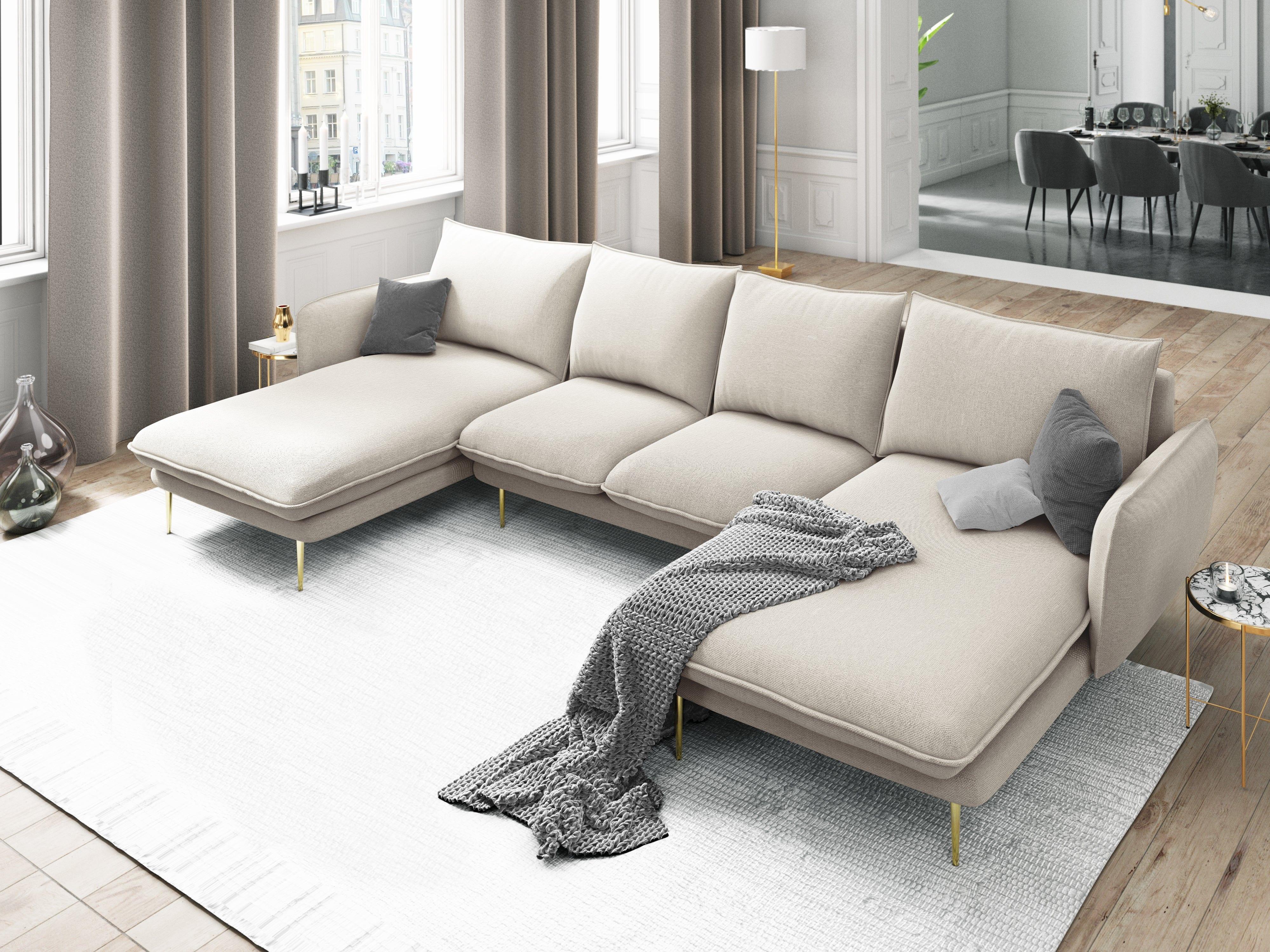 Sofa panoramiczna 6-osobowa VIENNA jasnobeżowy szenil ze złotą podstawą - Image 8
