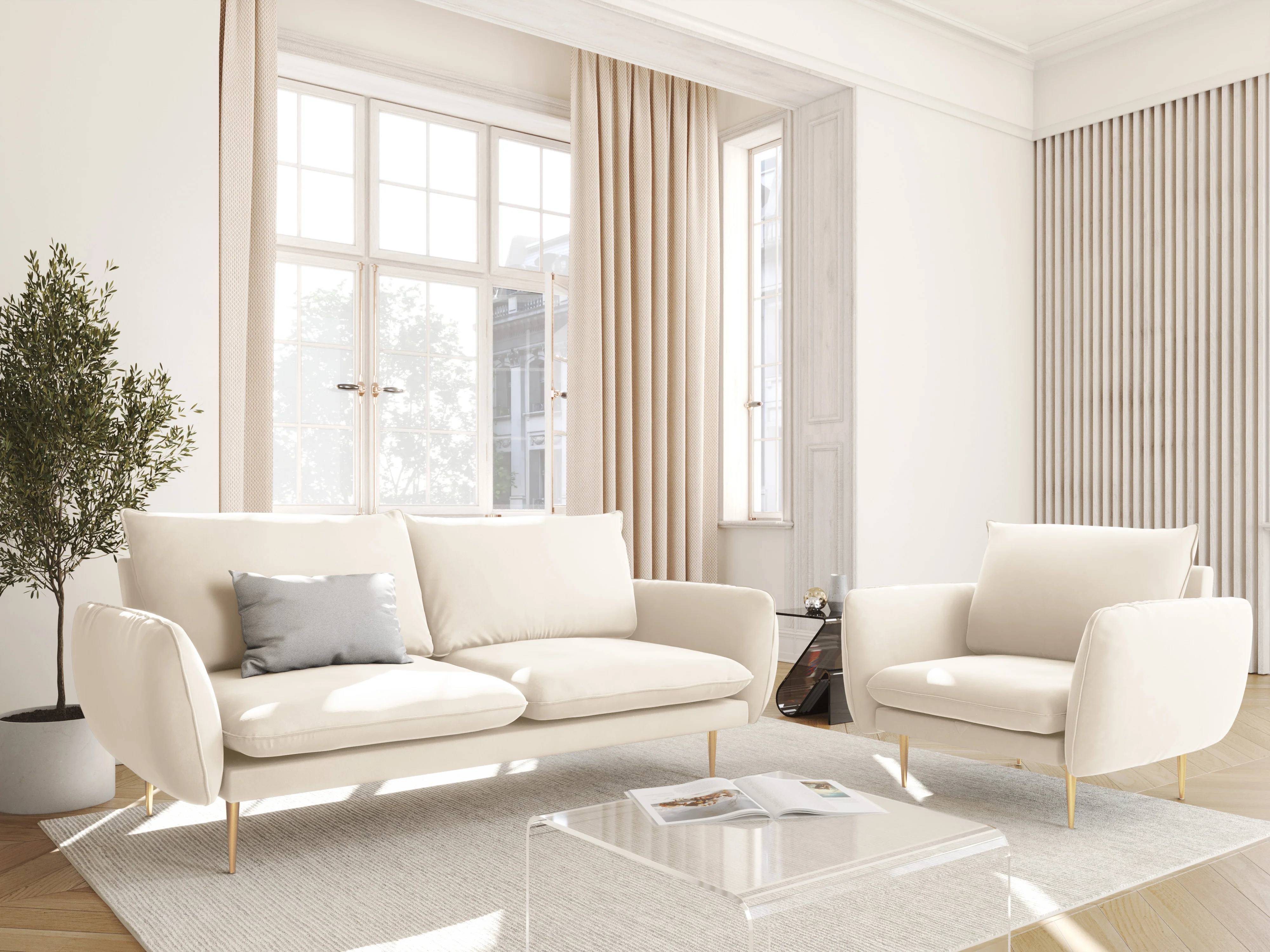 Sofa aksamitna 2-osobowa VIENNA beżowy ze złotą podstawą - Image 2