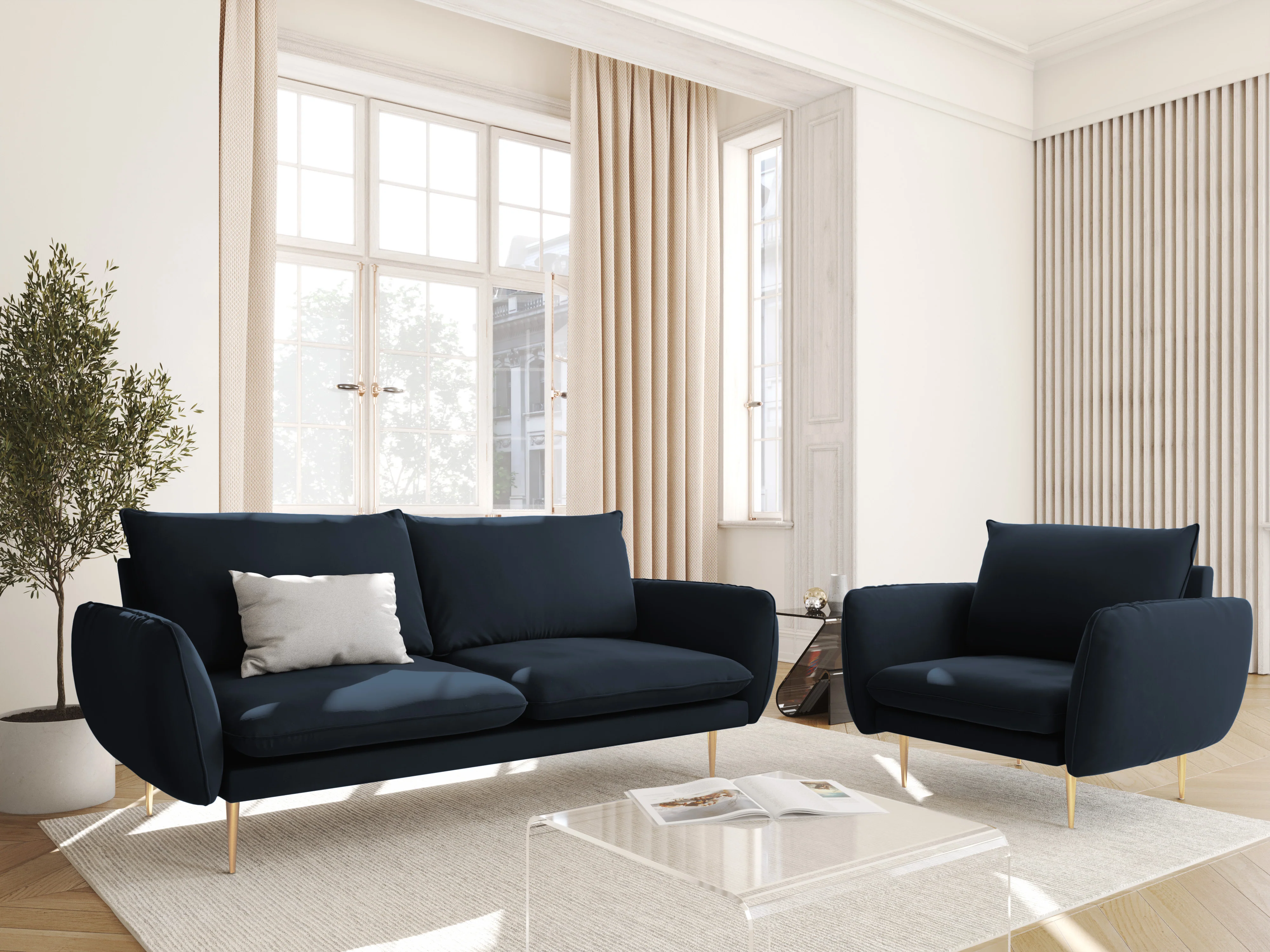 Sofa aksamitna 2-osobowa VIENNA ciemnoniebieski ze złotą podstawą - Image 2