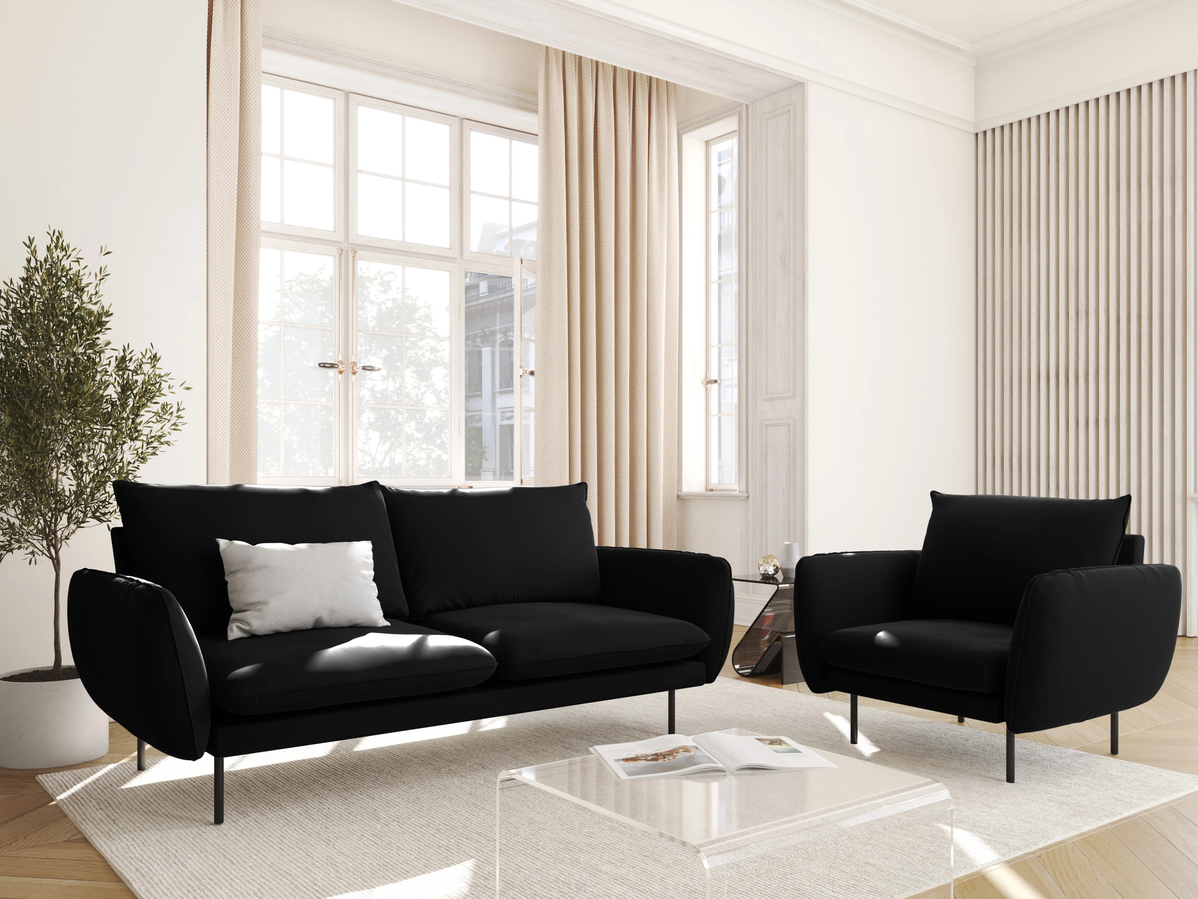 Sofa aksamitna 2-osobowa VIENNA czarny z czarną podstawą - Image 2