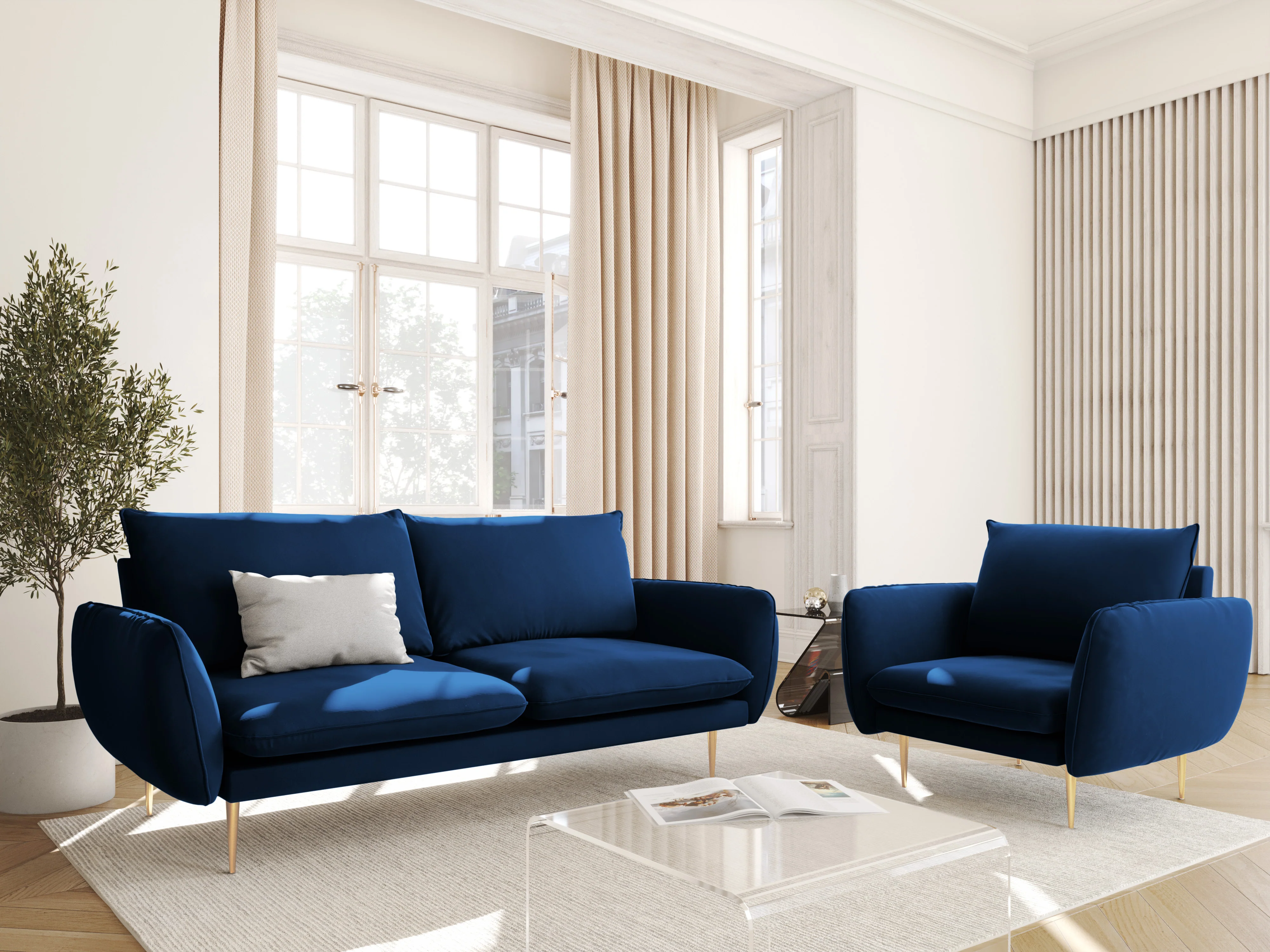 Sofa aksamitna 2-osobowa VIENNA granat królewski ze złotą podstawą - Image 2