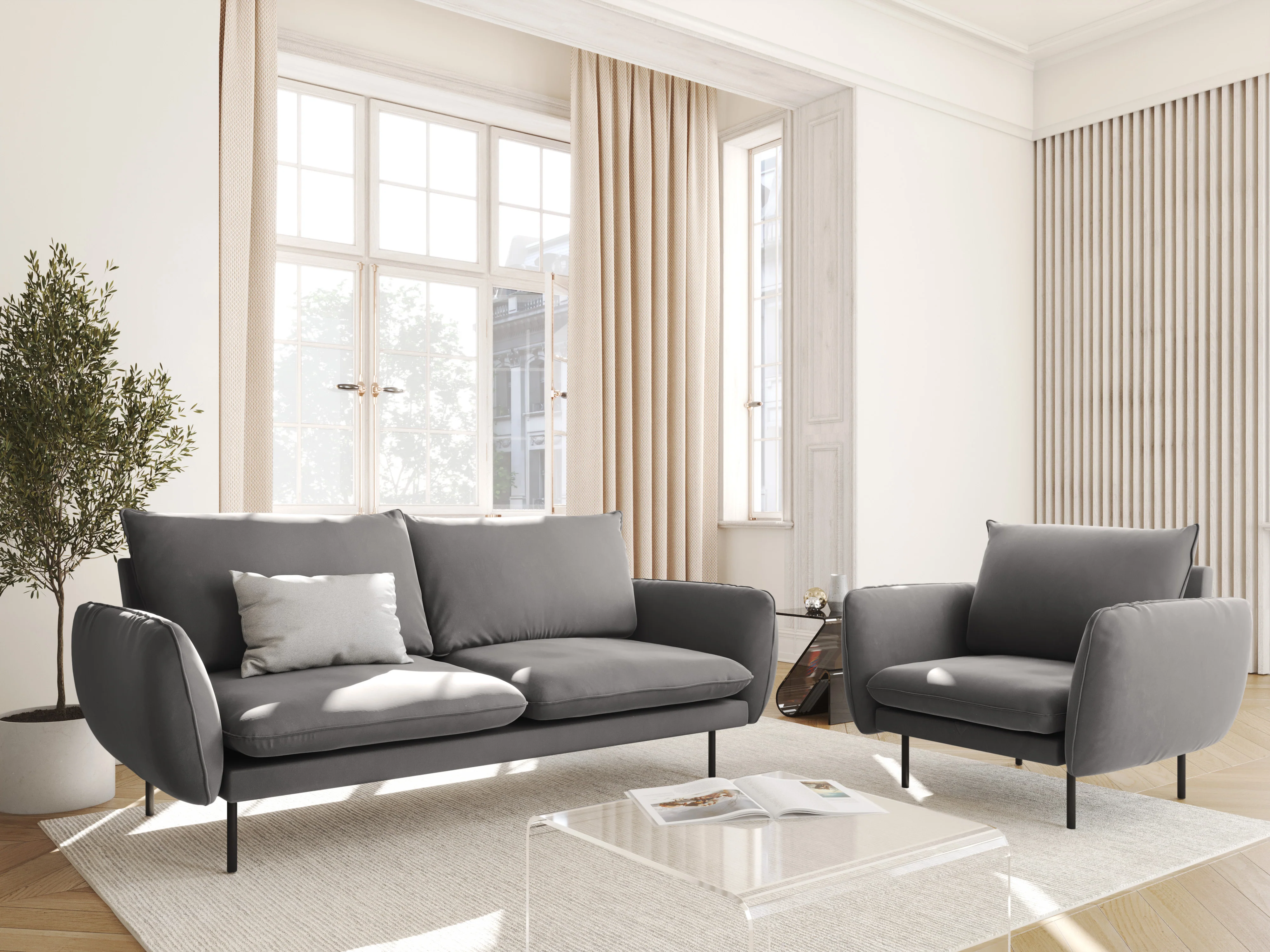 Sofa aksamitna 2-osobowa VIENNA jasnoszary z czarną podstawą - Image 2