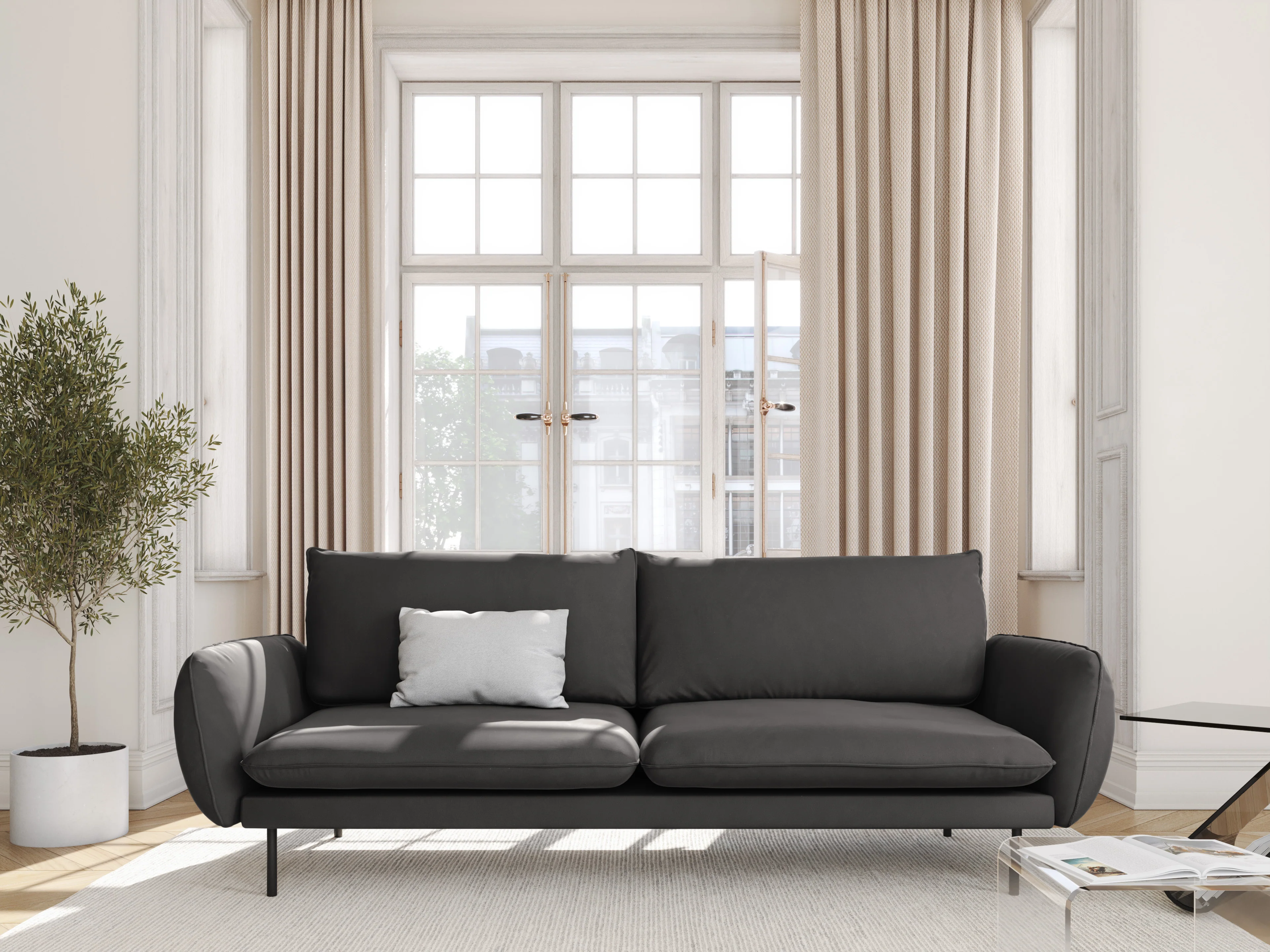 Sofa aksamitna 3-osobowa VIENNA ciemnoszary z czarną podstawą - Image 2