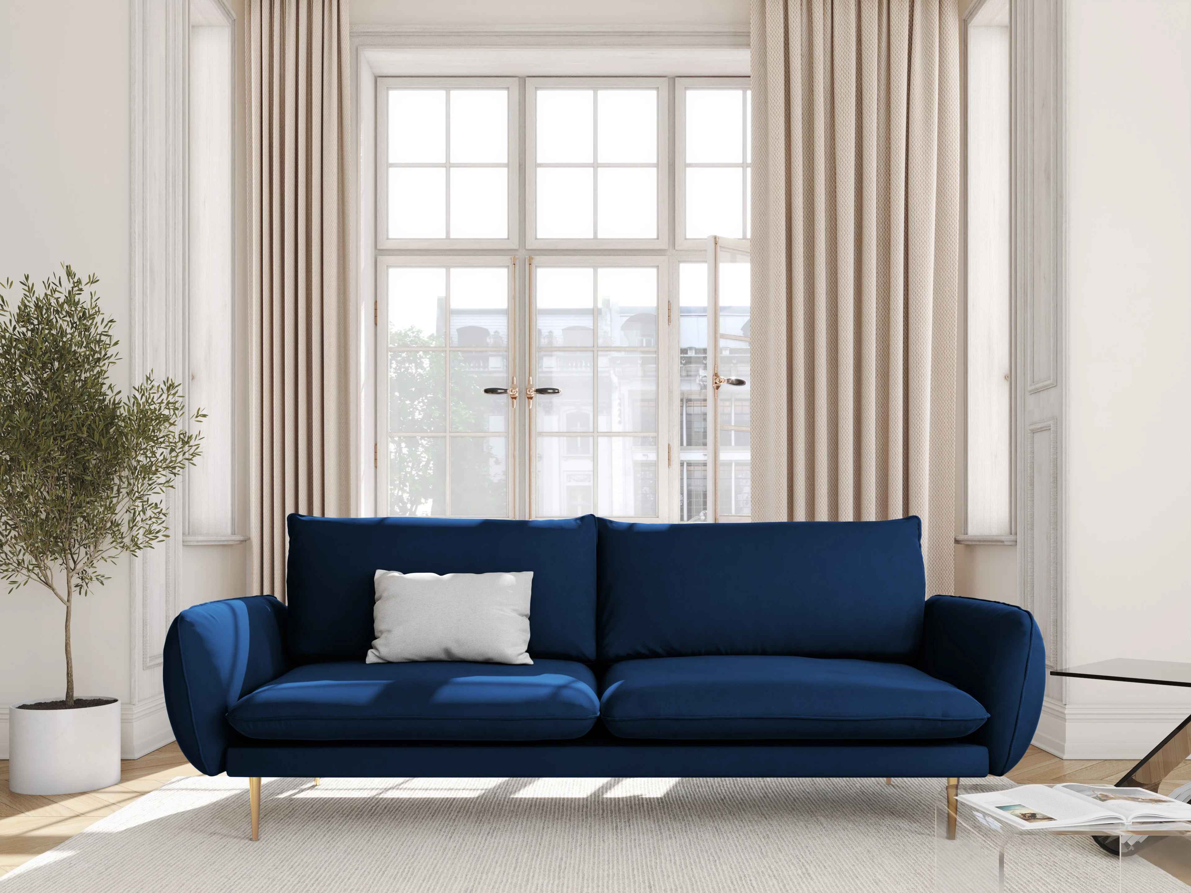 Sofa aksamitna 3-osobowa VIENNA granat królewski ze złotą podstawą - Image 2