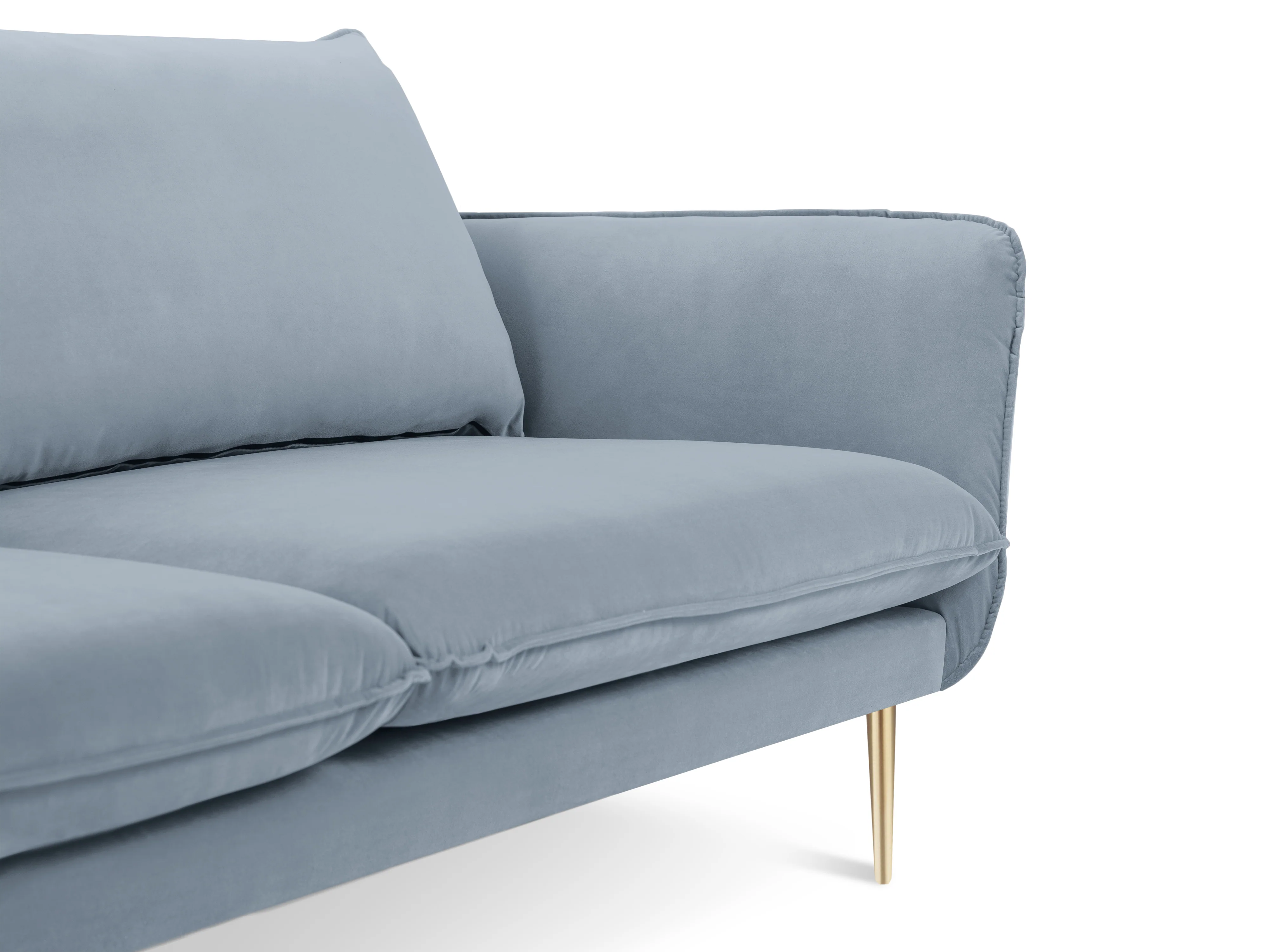 Sofa aksamitna 3-osobowa VIENNA jasnoniebieski ze złotą podstawą - Image 3