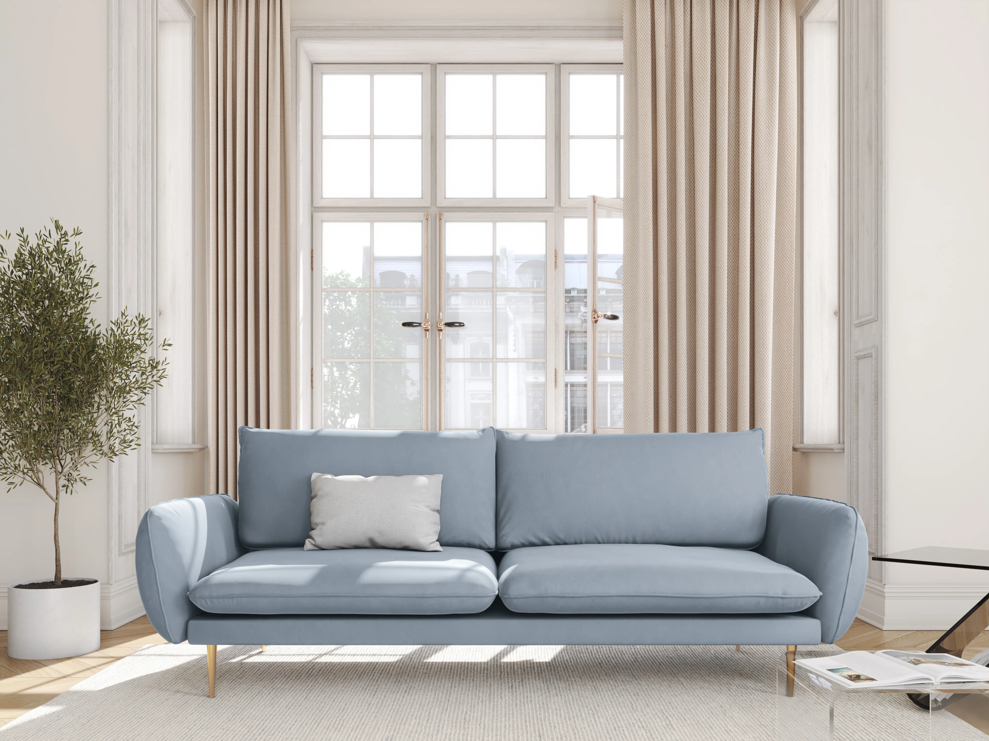 Sofa aksamitna 4-osobowa VIENNA jasnoniebieski ze złotą podstawą - Image 2