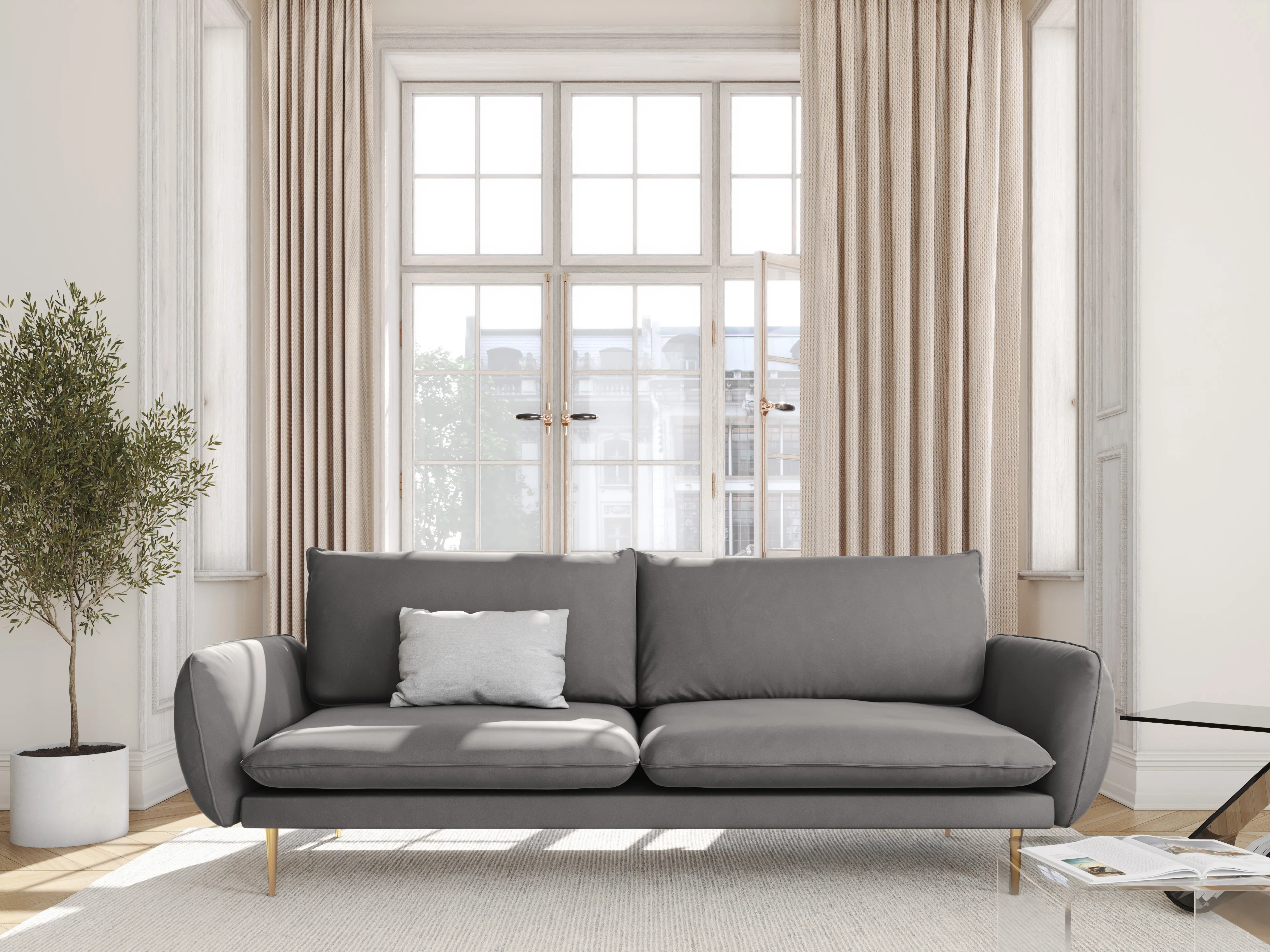 Sofa aksamitna 4-osobowa VIENNA jasnoszary ze złotą podstawą - Image 2