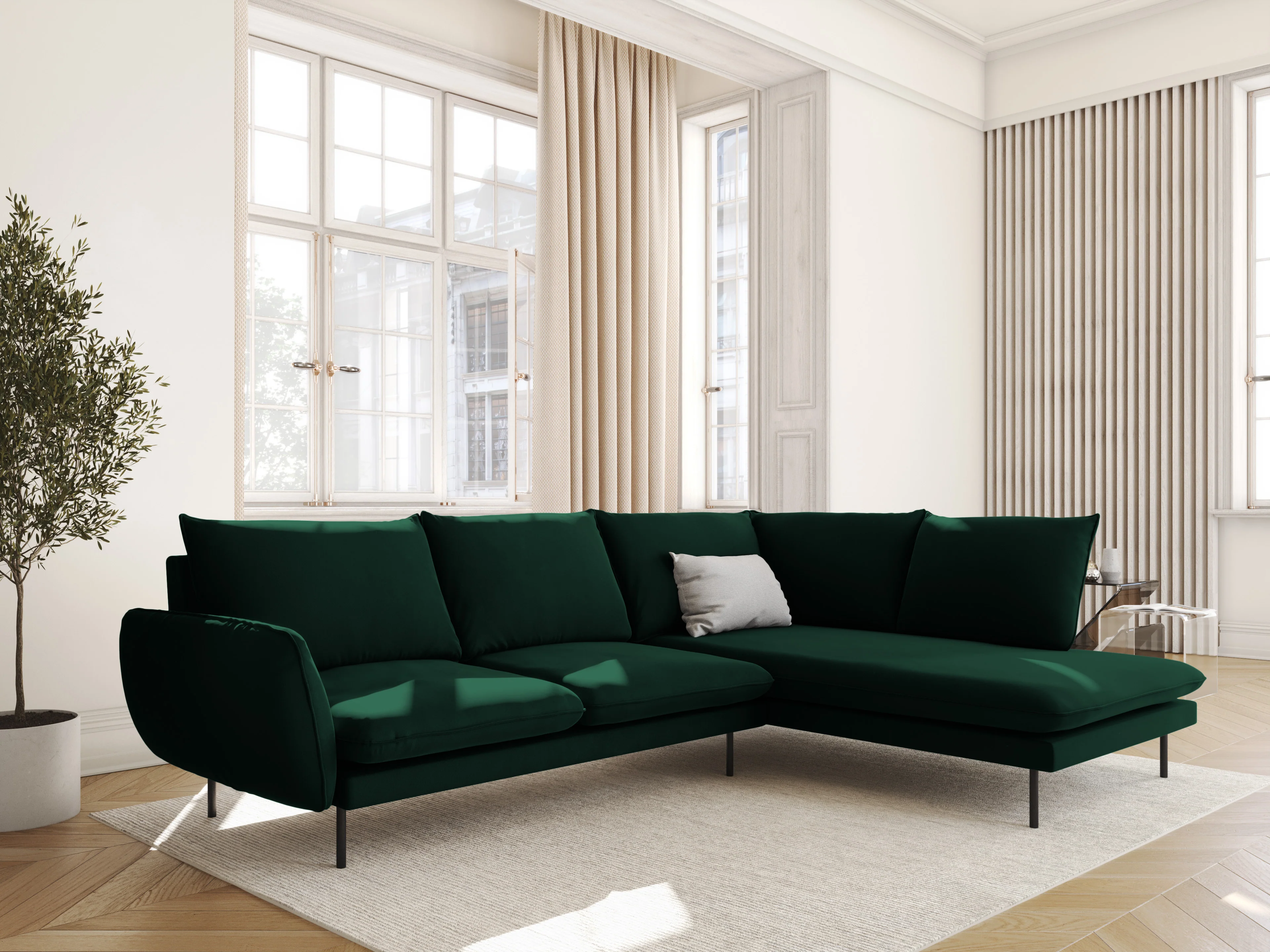 Sofa panoramiczna aksamitna 6-osobowa VIENNA butelkowa zieleń z czarną podstawą - Image 2