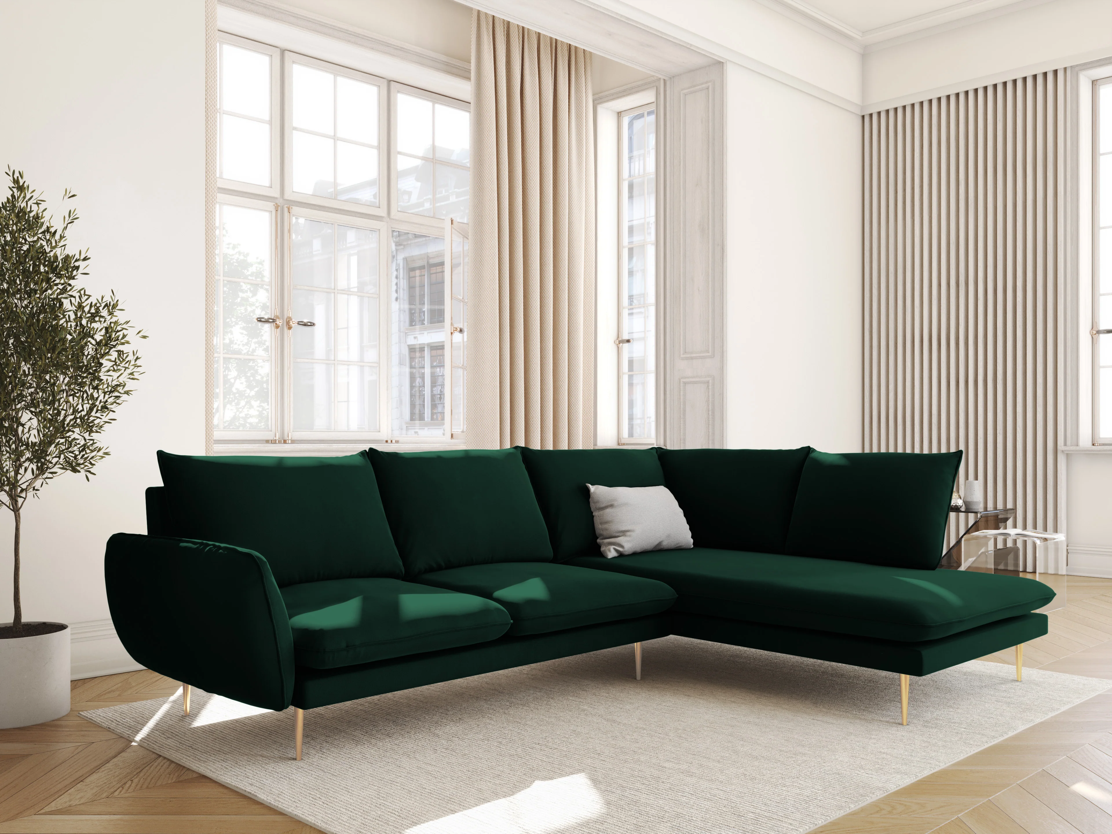 Sofa panoramiczna aksamitna 6-osobowa VIENNA butelkowa zieleń ze złotą podstawą - Image 2