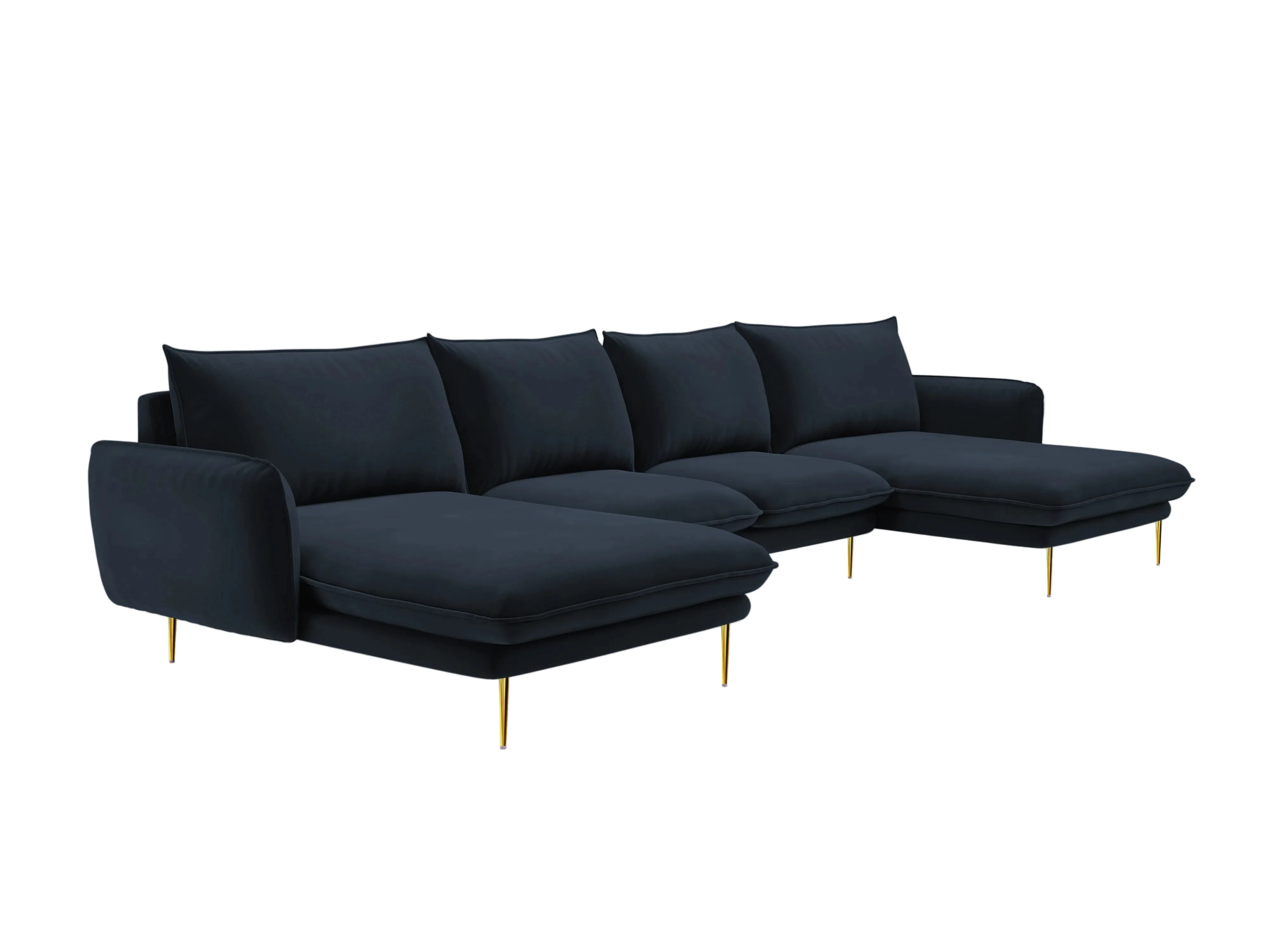 Sofa panoramiczna aksamitna 6-osobowa VIENNA ciemnoniebieski ze złotą podstawą