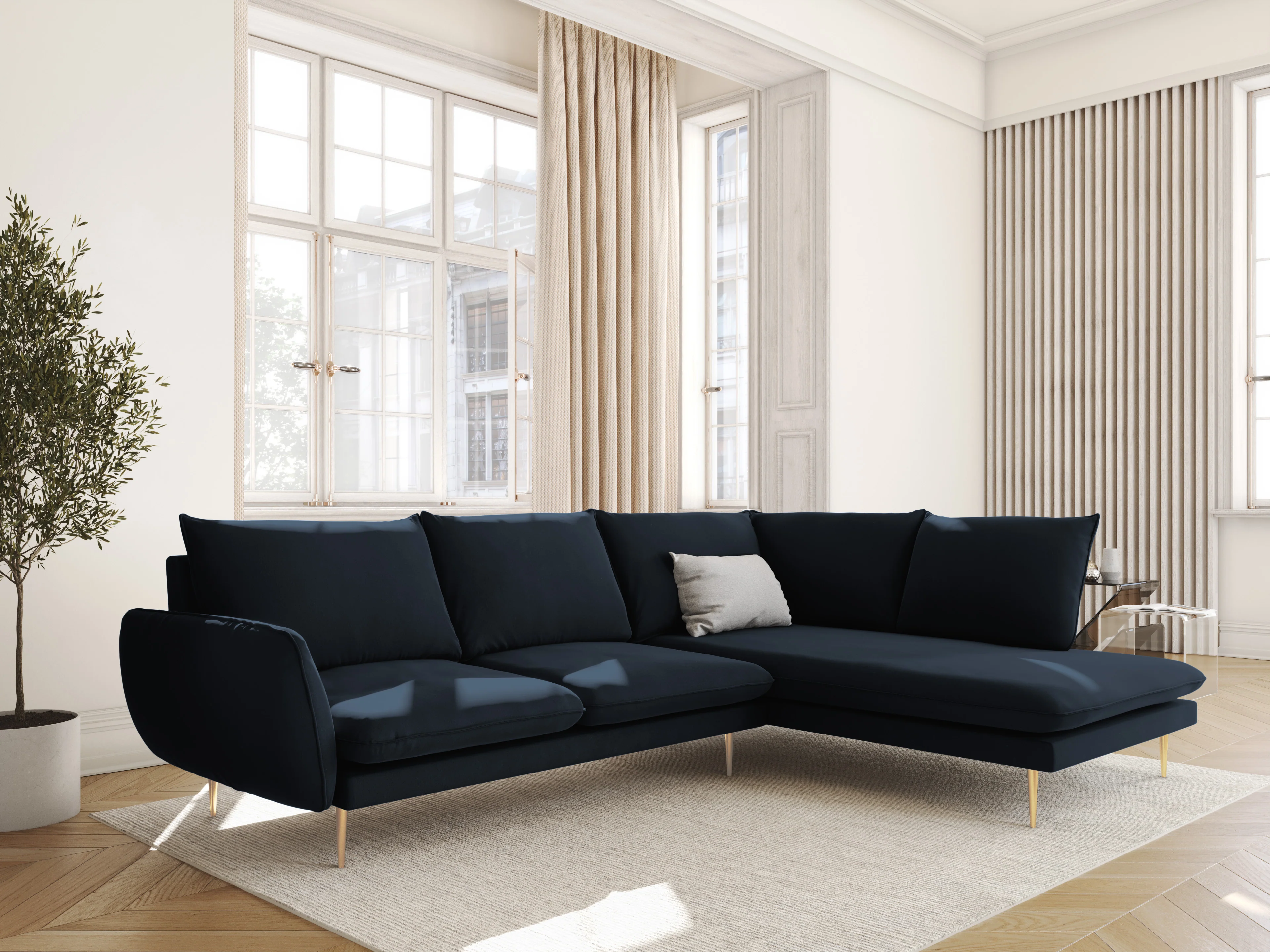 Sofa panoramiczna aksamitna 6-osobowa VIENNA ciemnoniebieski ze złotą podstawą - Image 2