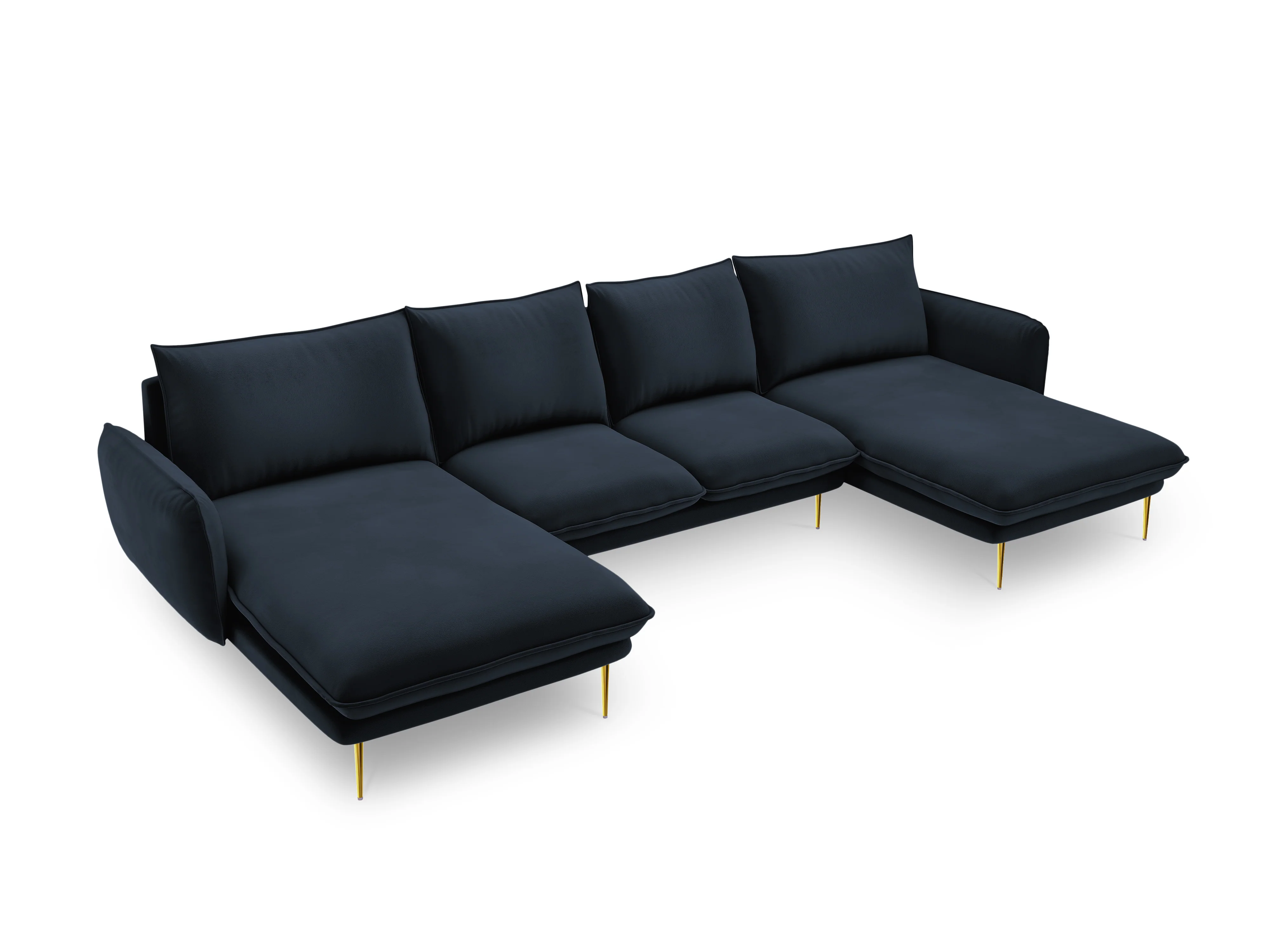 Sofa panoramiczna aksamitna 6-osobowa VIENNA ciemnoniebieski ze złotą podstawą - Image 3
