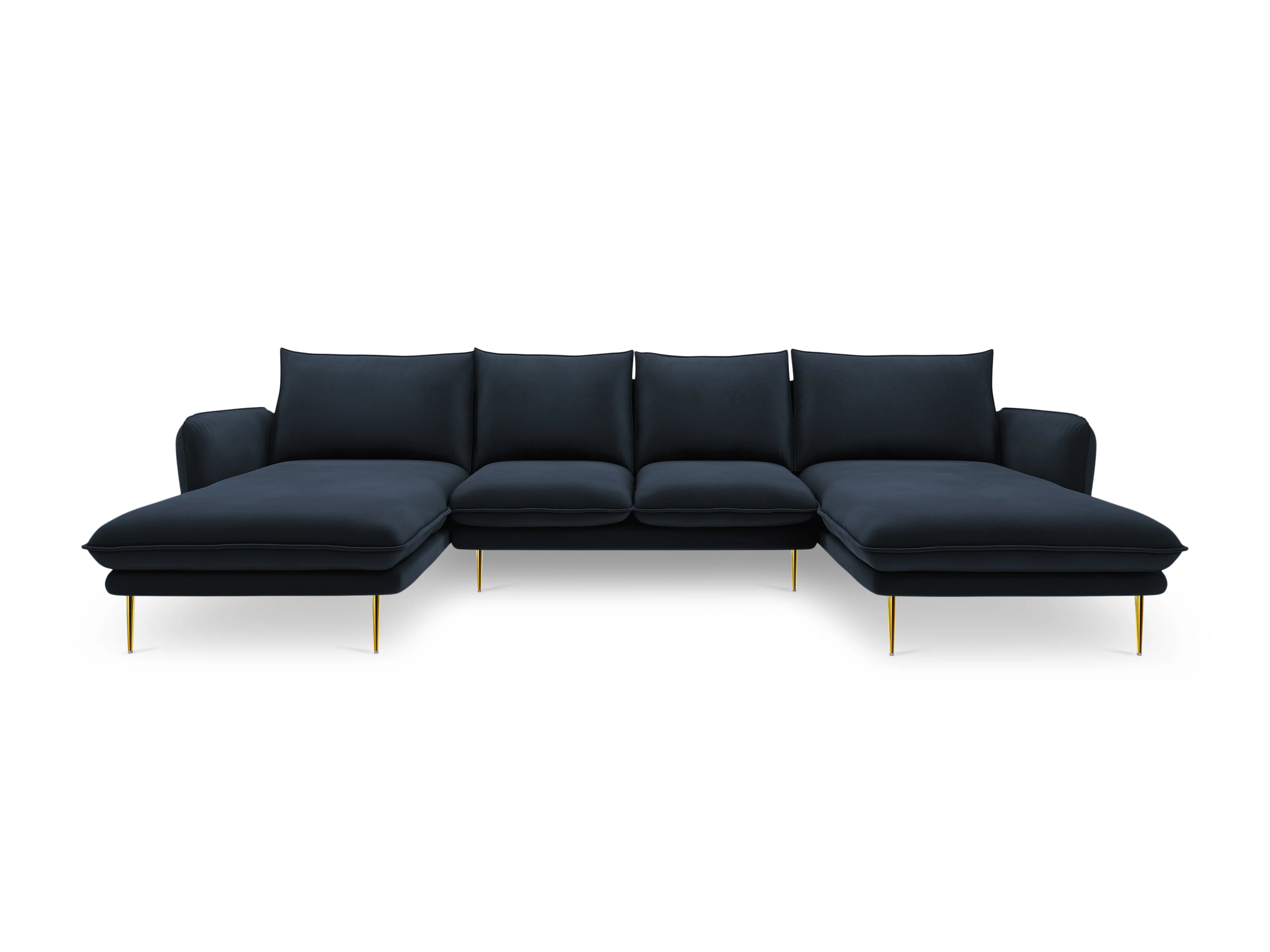 Sofa panoramiczna aksamitna 6-osobowa VIENNA ciemnoniebieski ze złotą podstawą - Image 4