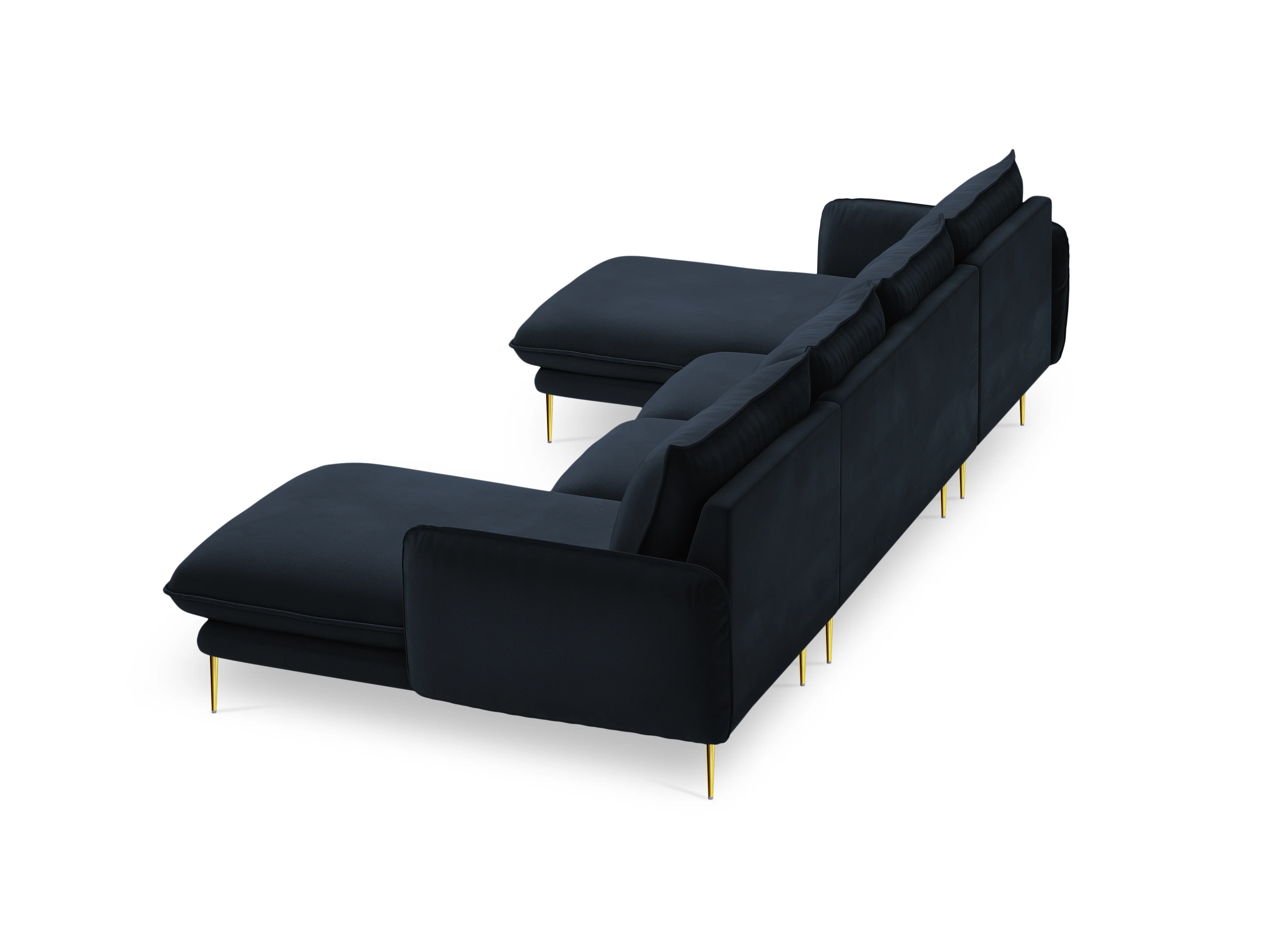 Sofa panoramiczna aksamitna 6-osobowa VIENNA ciemnoniebieski ze złotą podstawą - Image 5