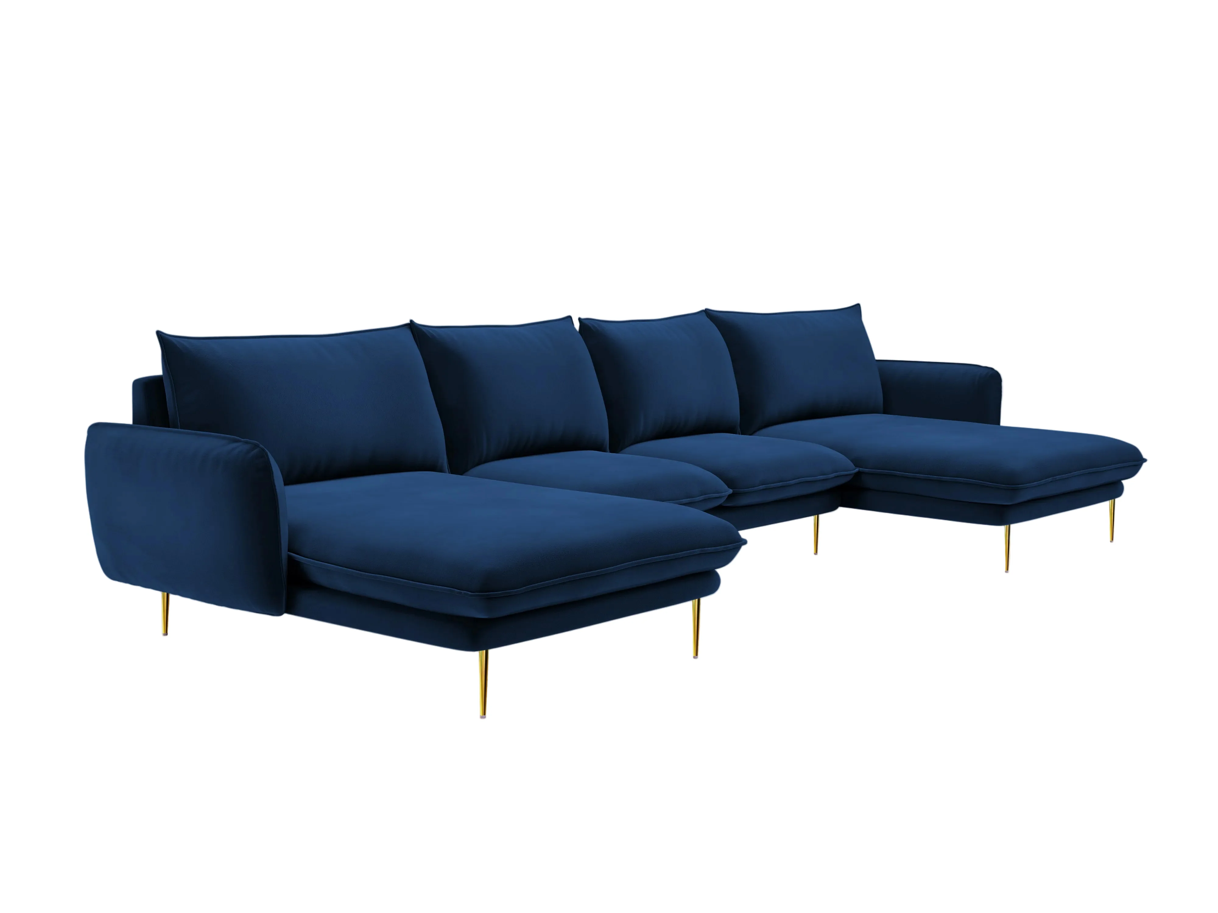 Sofa panoramiczna aksamitna 6-osobowa VIENNA granat królewski ze złotą podstawą