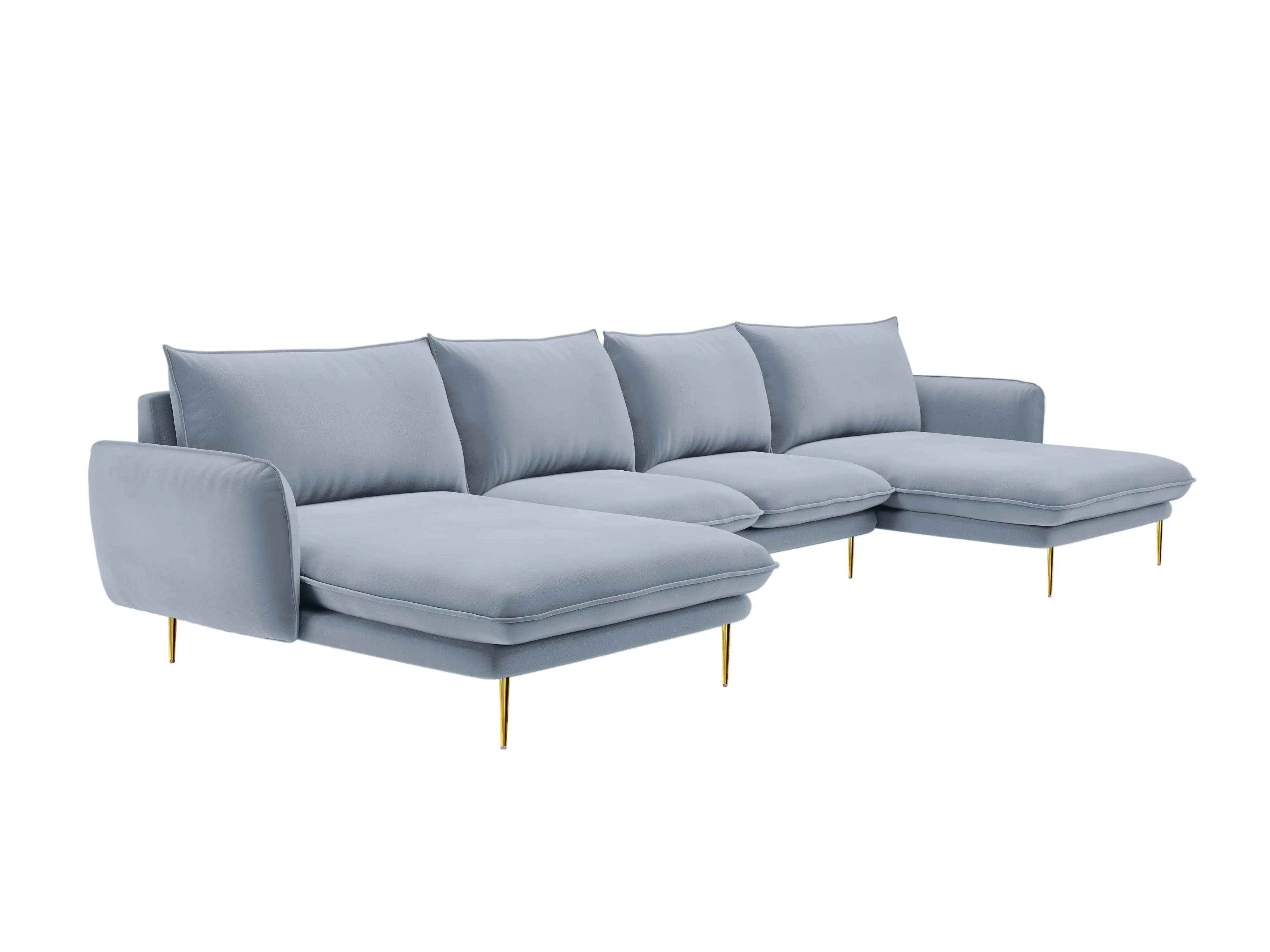 Sofa panoramiczna aksamitna 6-osobowa VIENNA jasnoniebieski ze złotą podstawą