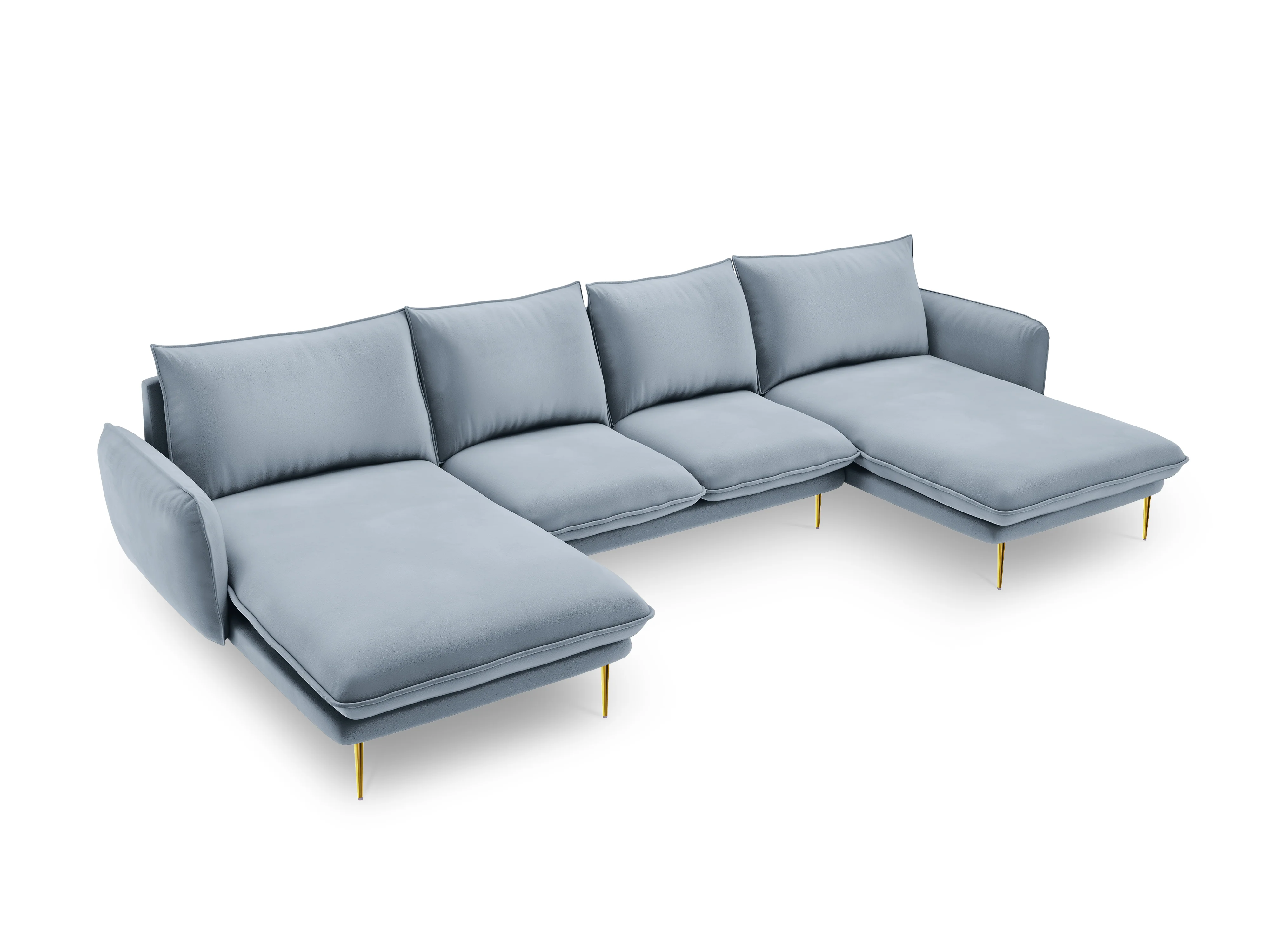 Sofa panoramiczna aksamitna 6-osobowa VIENNA jasnoniebieski ze złotą podstawą - Image 3