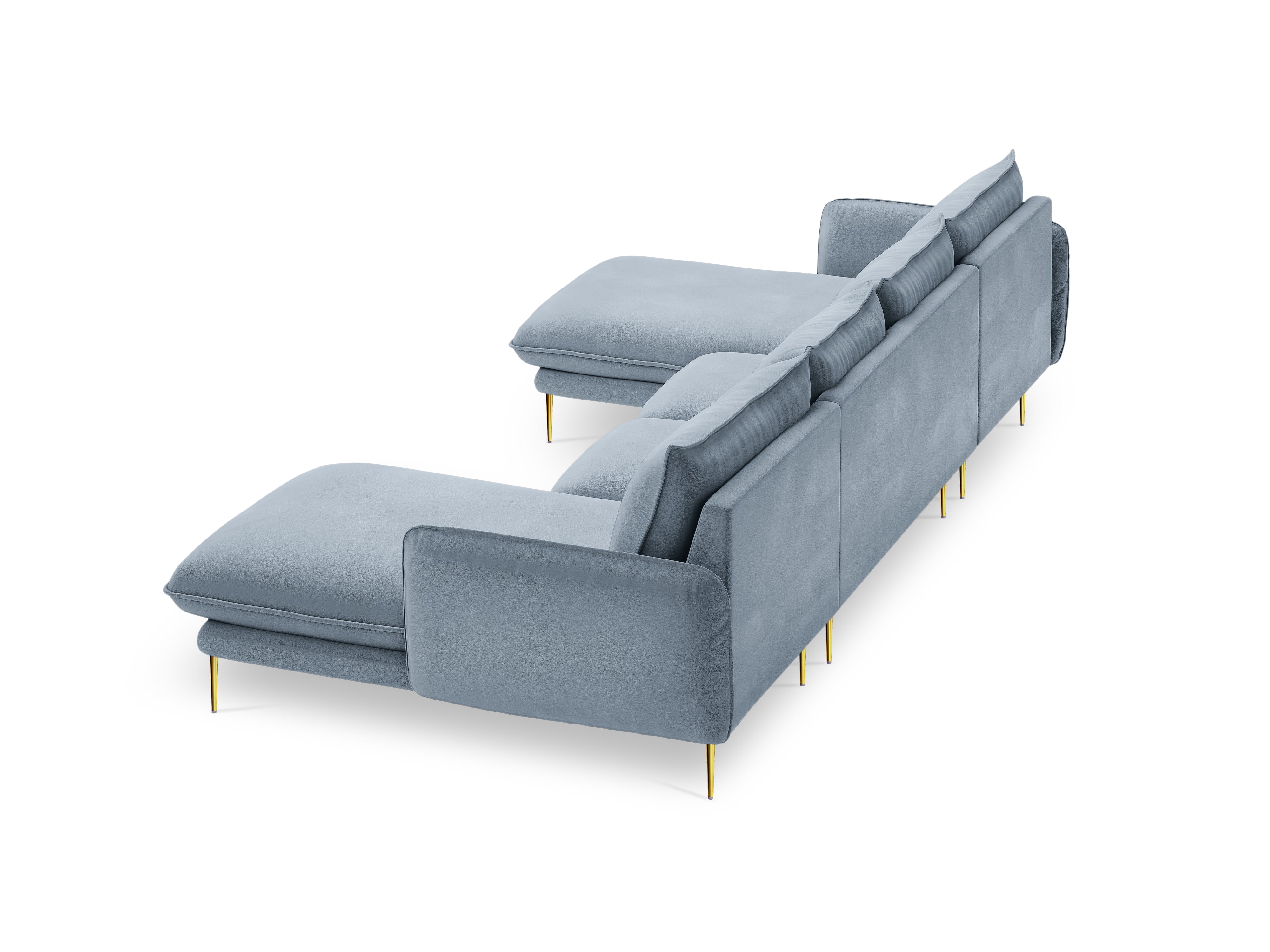 Sofa panoramiczna aksamitna 6-osobowa VIENNA jasnoniebieski ze złotą podstawą - Image 5