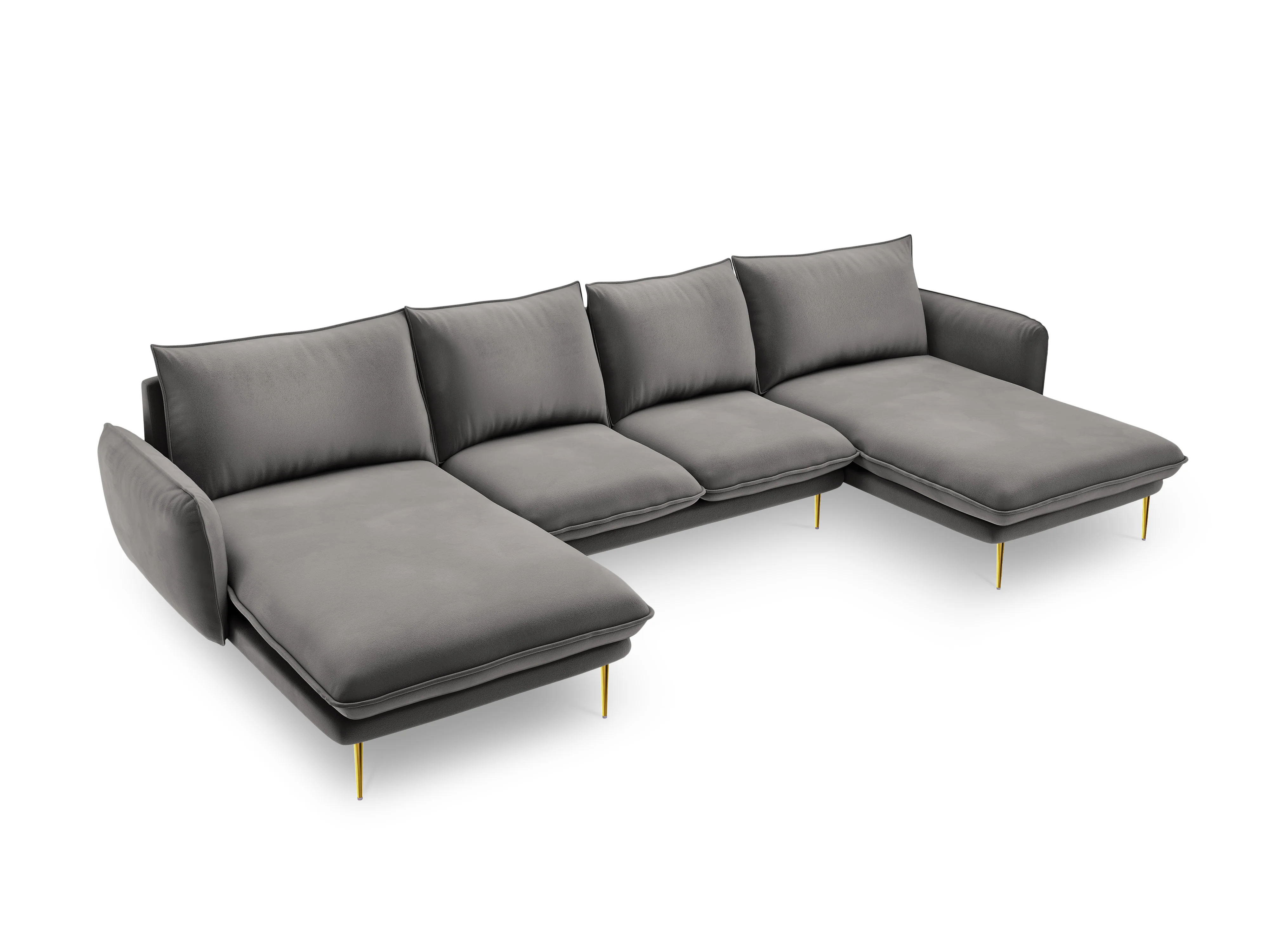 Sofa panoramiczna aksamitna 6-osobowa VIENNA jasnoszary ze złotą podstawą - Image 3
