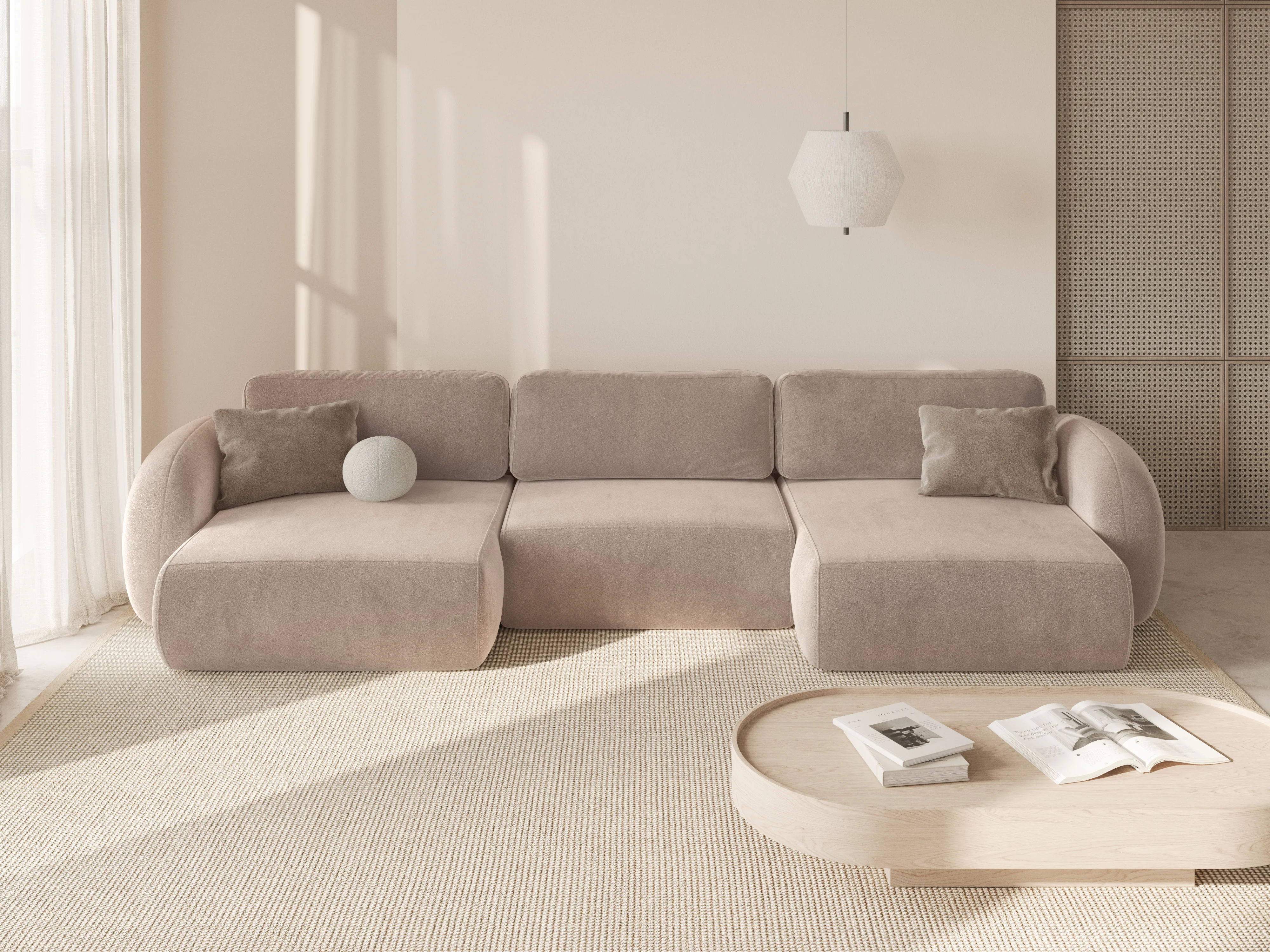 Sofa panoramiczna aksamitna z funkcją spania 5-osobowa TONALE beżowy - Image 2