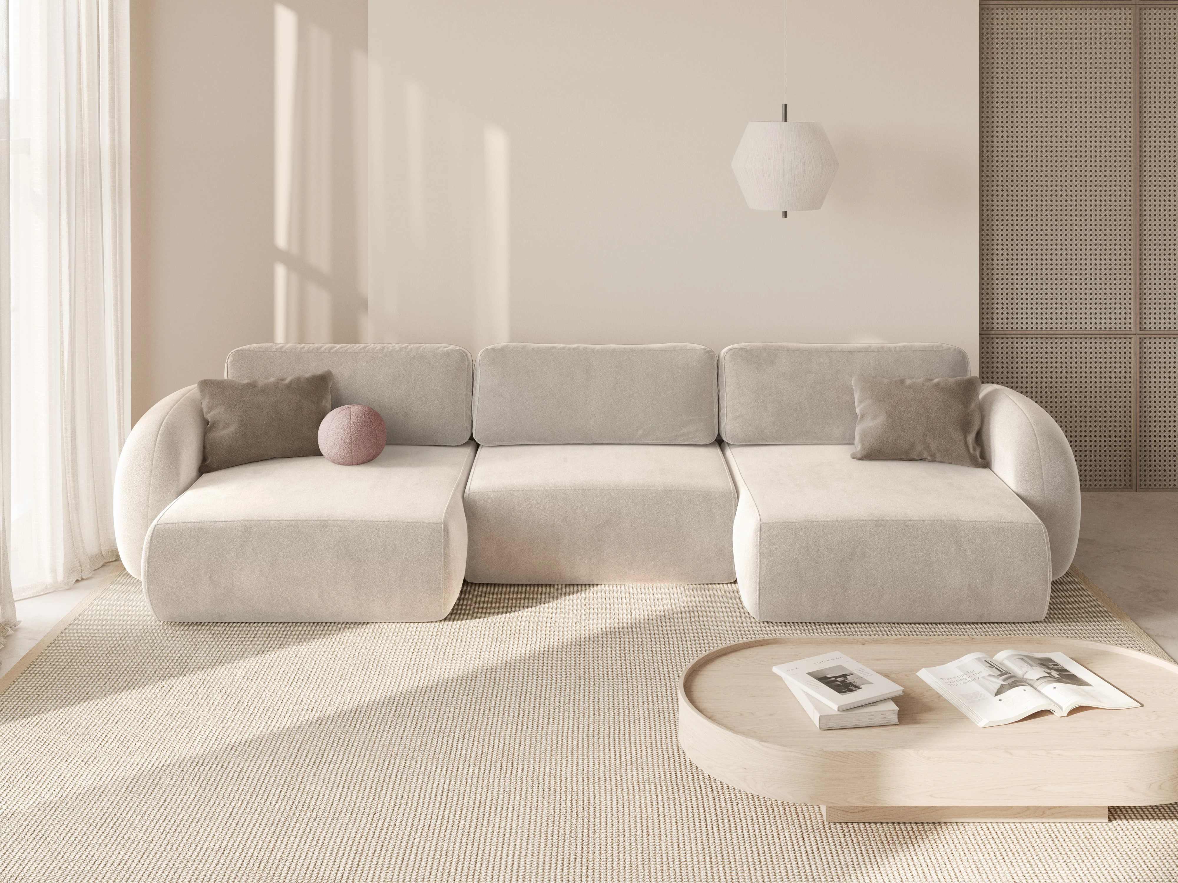 Sofa panoramiczna aksamitna z funkcją spania 5-osobowa TONALE kremowy - Image 2