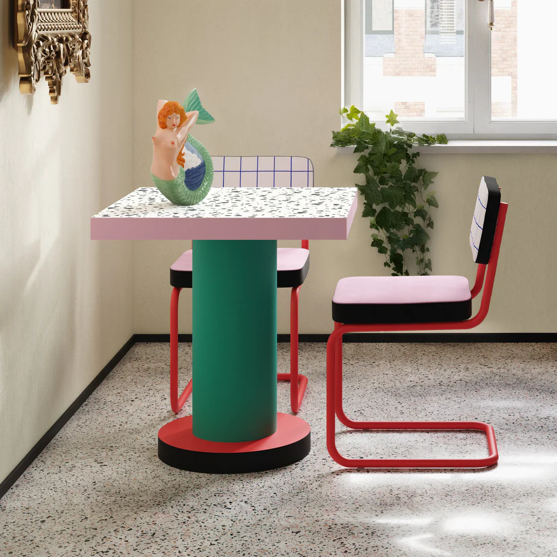 Stół kawiarniany kwadratowy z okragłą podstawą SUPERLOUNGE TABLE RED GRID turkusowy z różowym - Image 2