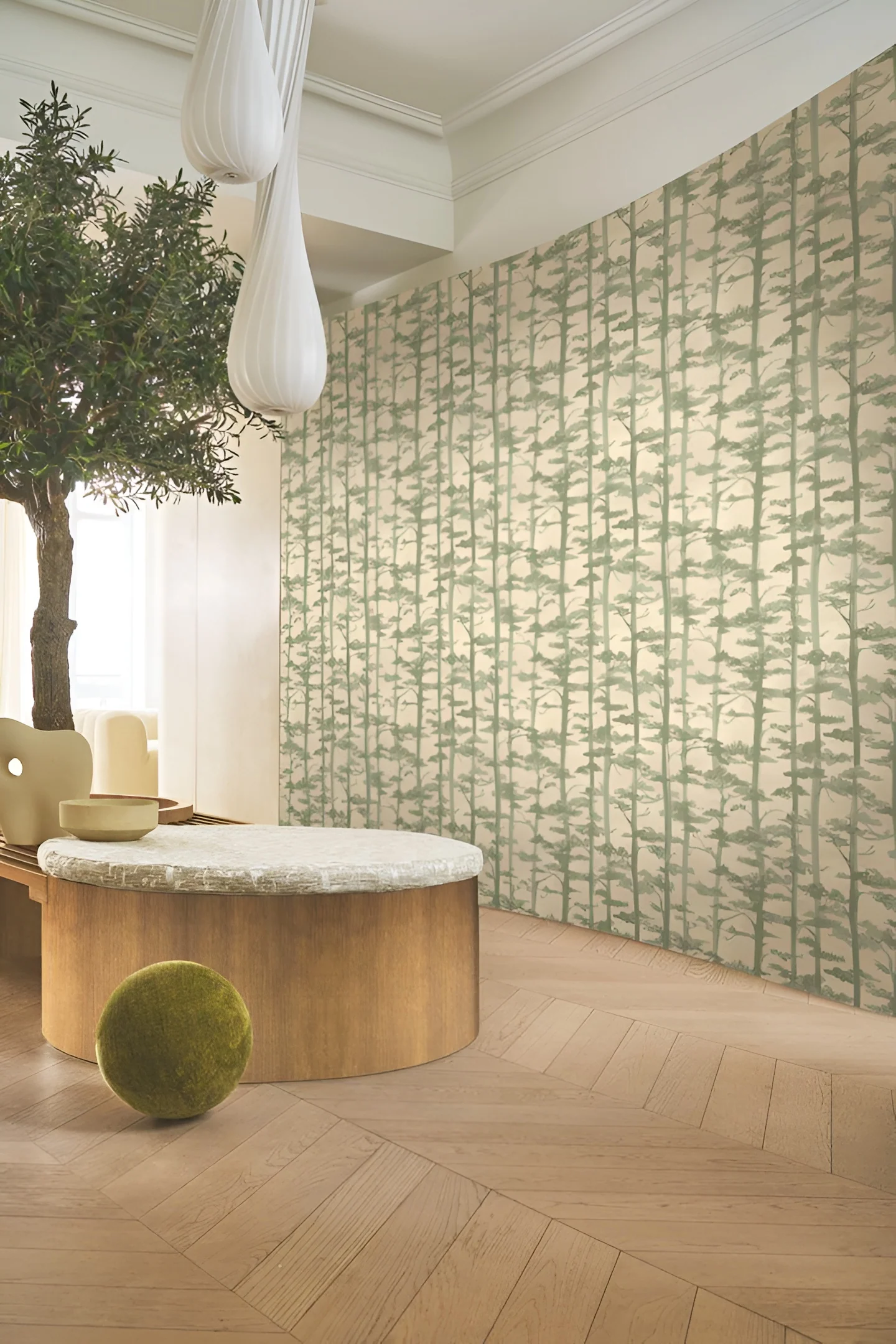 Tapeta strukturalna z motywem roślinnym orientalnych drzew AME - SABLE/EUCALYPTUS beżowy z zielonym - Image 2