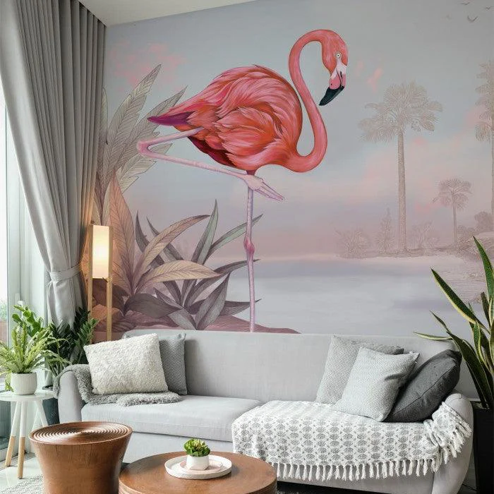 Tapeta flizelinowa z krajobrazem i flamingiem CRIMSON FLAMINGO różówy z błękitnym