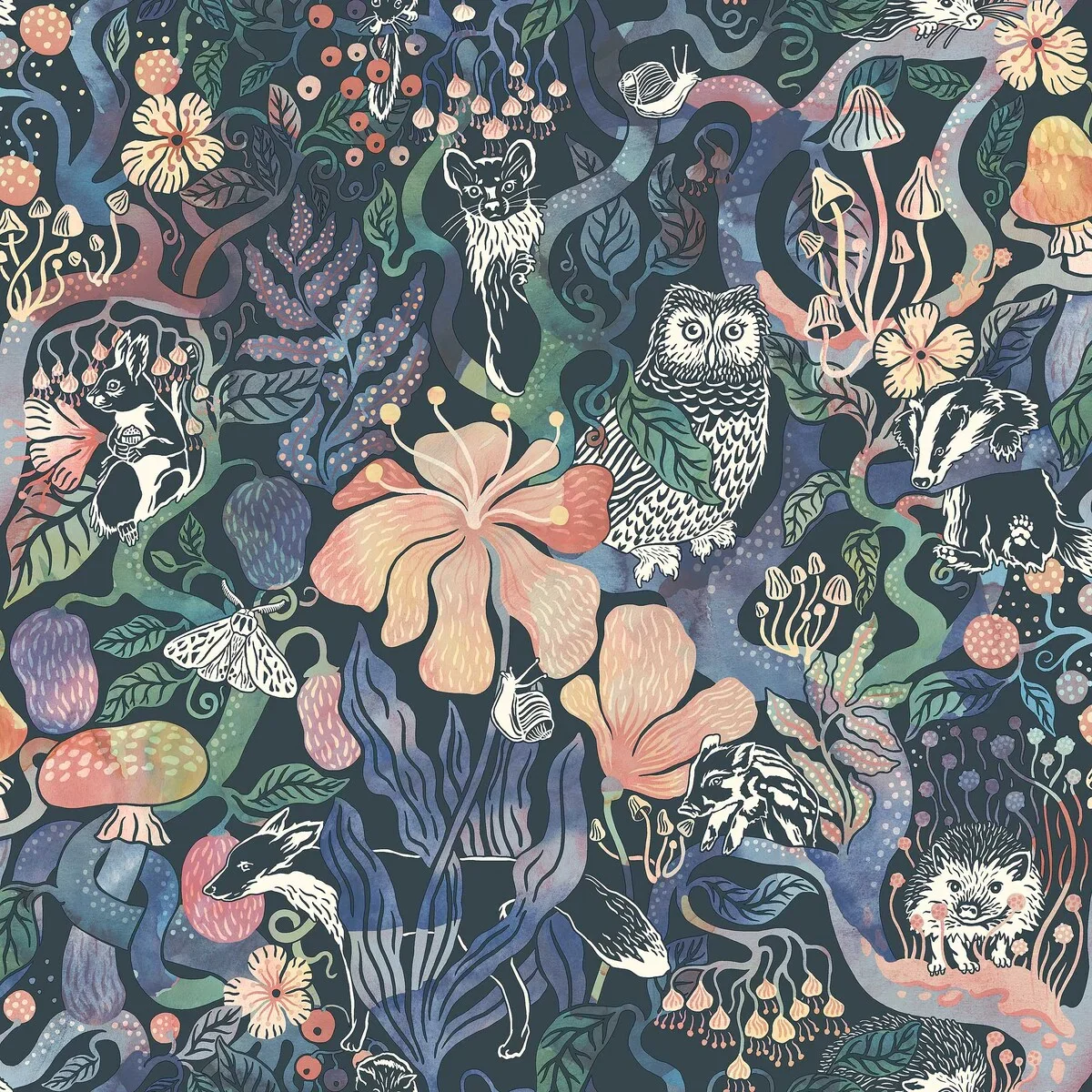 Tapeta dziecięca z motywem baśniowego lasu MAGIC WOODS niebieski z różowym