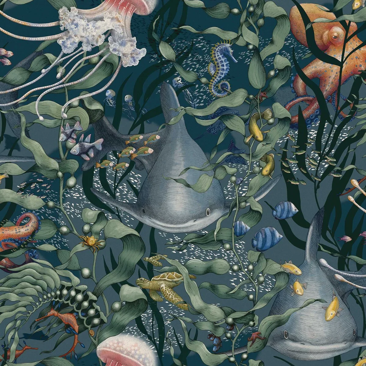 Tapeta dziecięca z motywem morskich zwierząt UNDERWATER MAGIC ciemny niebieski