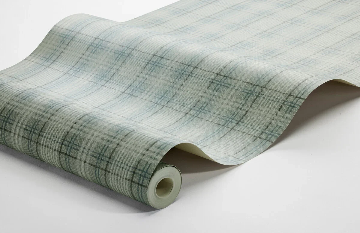 Tapeta z geometrycznym wzorem w szkocką kratkę TAILOR’S TWEED turkusowy z beżowym - Image 3