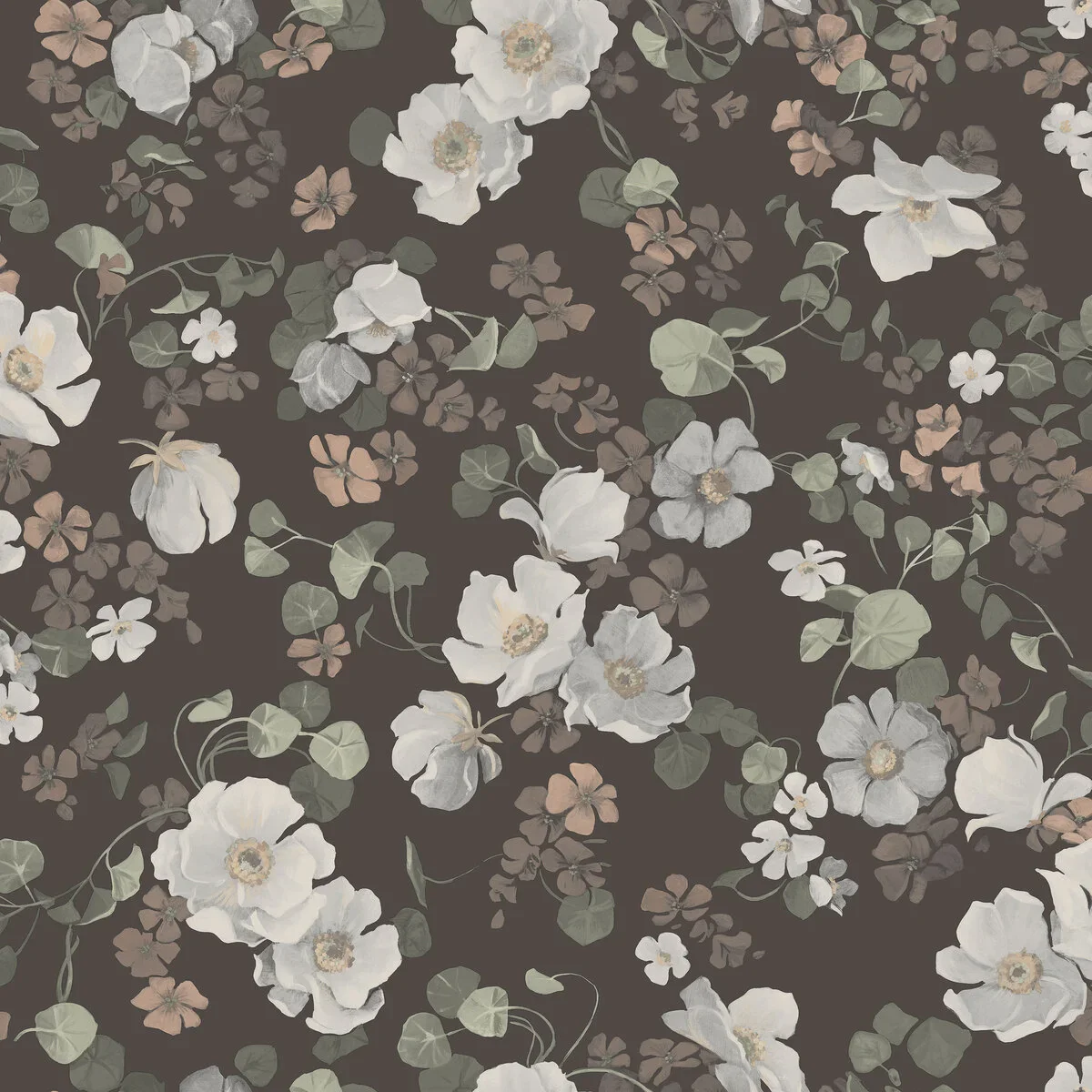 Tapeta flizelinowa papierowa z roślinnym wzorem ENCHANTING FLOWER brązowy z białym