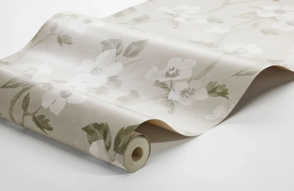Tapeta z roślinnym wzorem kwiatów HELEN’S FLOWER szarobeżowy z białym - Image 3