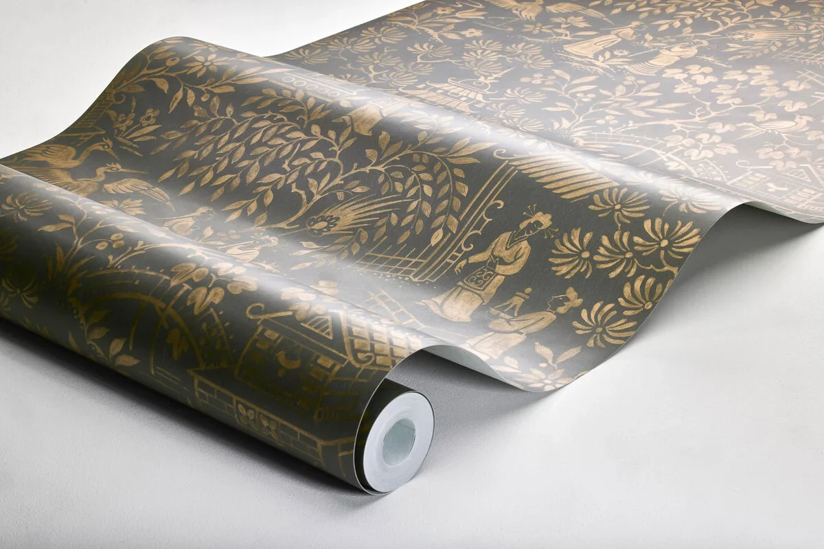 Tapeta flizelinowa papierowa z motywem orientalnym ORIENTAL GARDEN brązowy ze złotym - Image 4